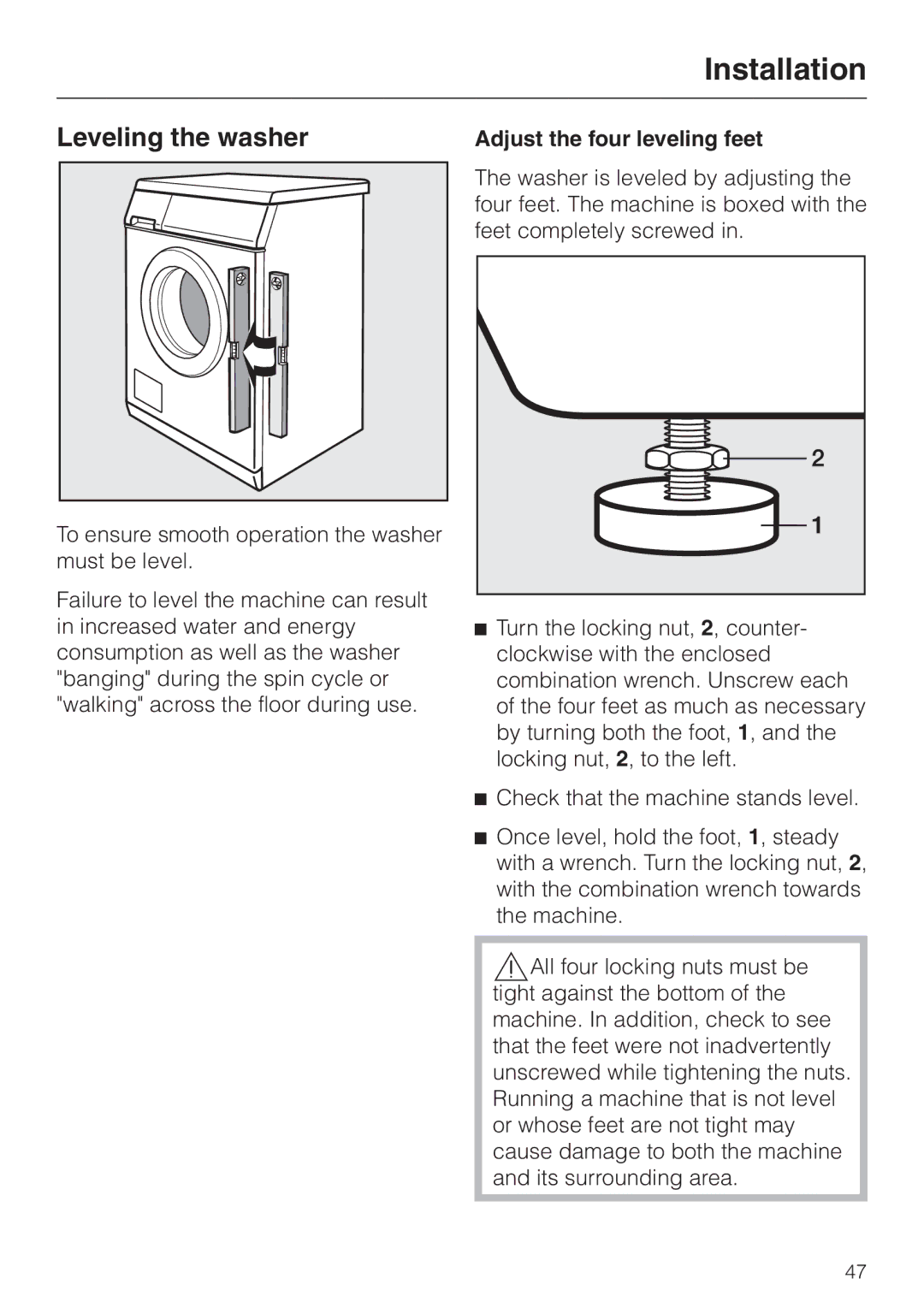 Miele PW 5065 manual Leveling the washer 