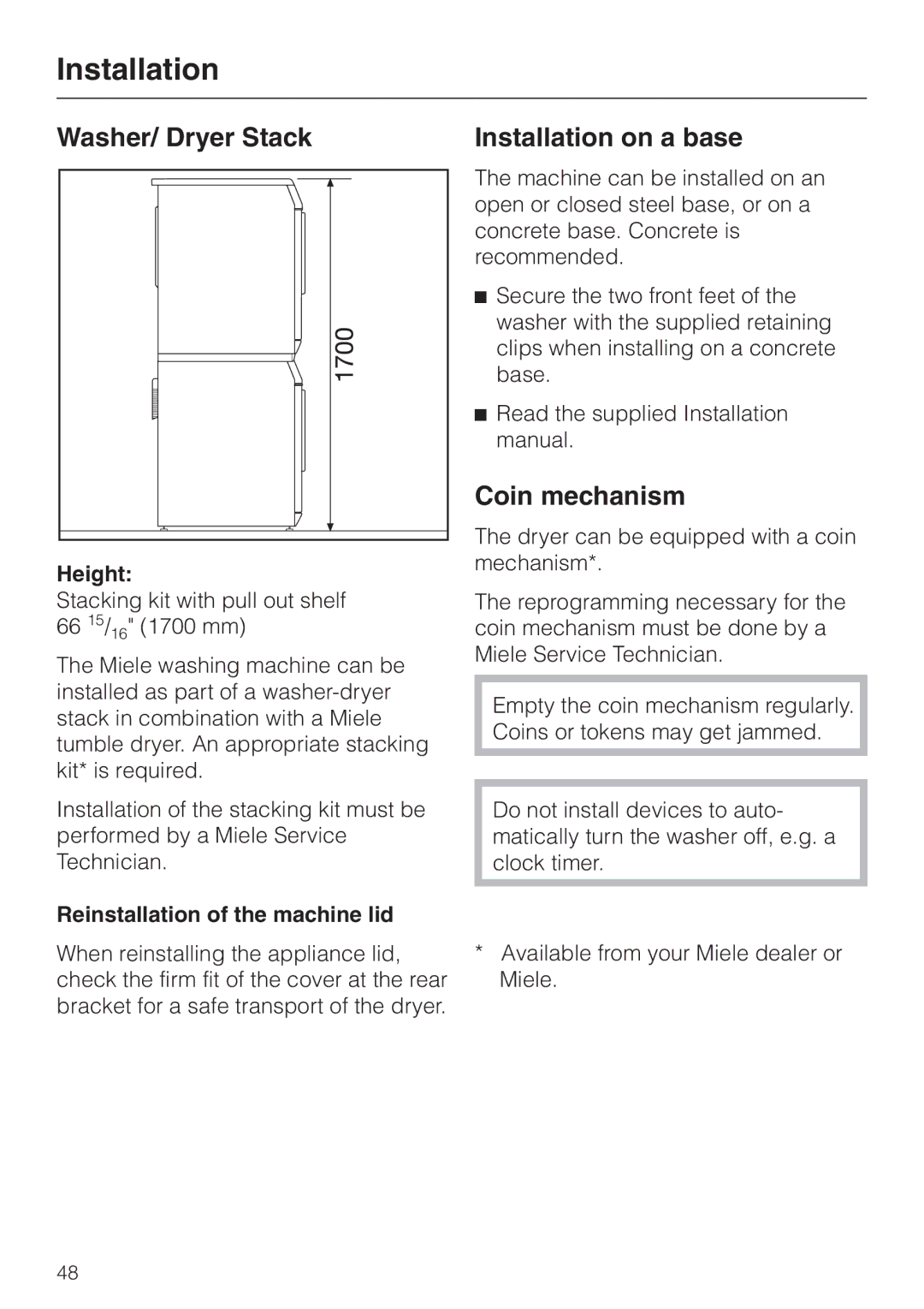 Miele PW 5065 manual Washer/ Dryer Stack Installation on a base, Coin mechanism, Height, Reinstallation of the machine lid 