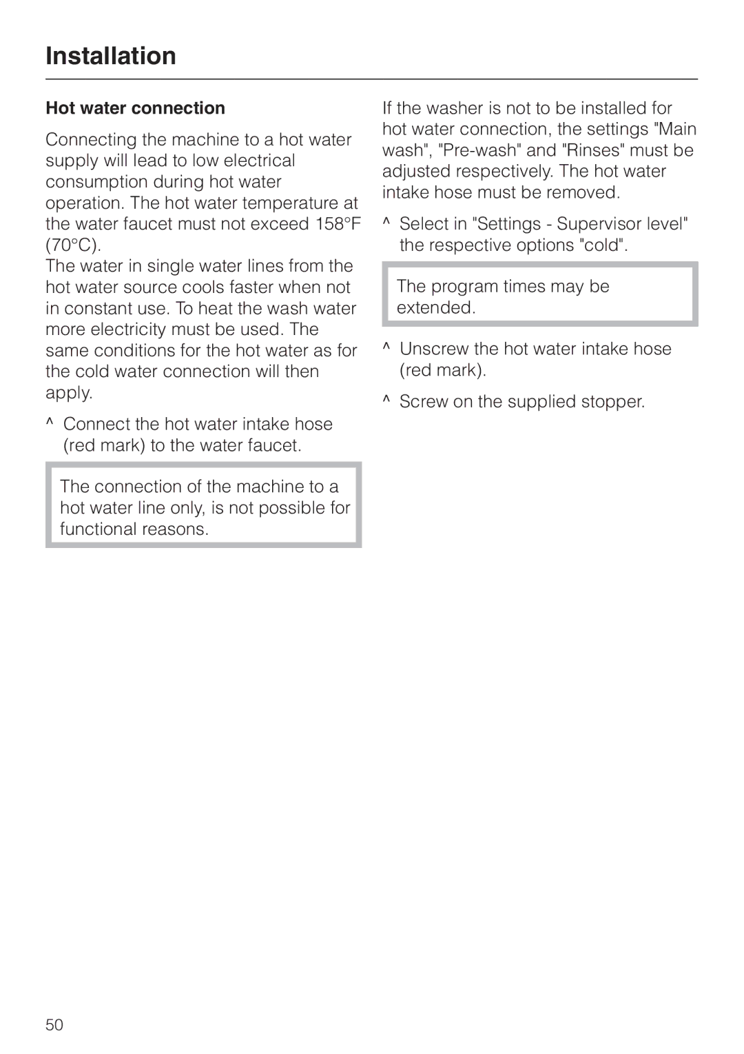 Miele PW 5065 manual Hot water connection 