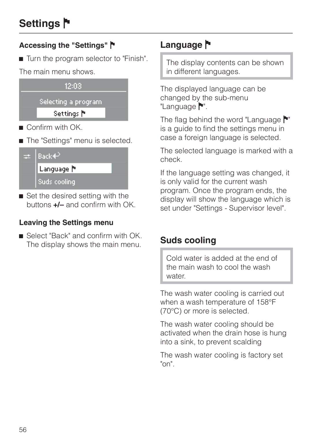 Miele PW 5065 manual Language J, Suds cooling, Accessing the Settings J, Leaving the Settings menu 