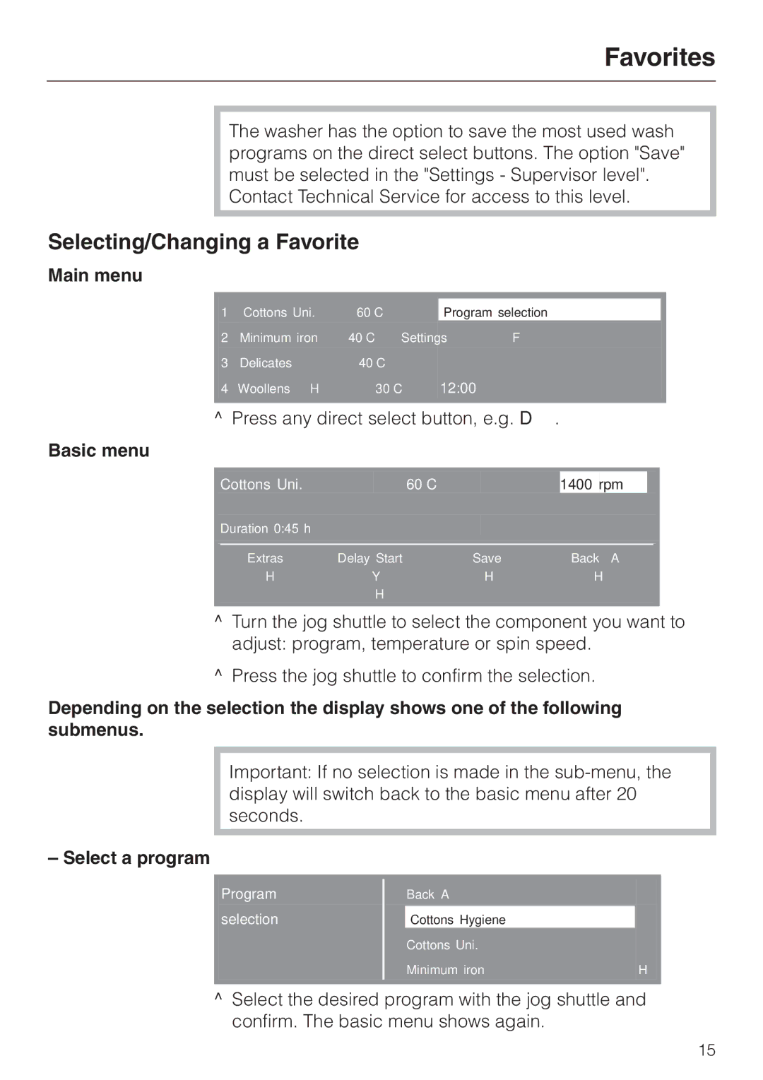 Miele PW 6065 Plus manual Favorites, Selecting/Changing a Favorite, Basic menu, Select a program 