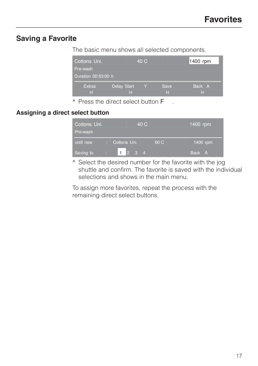 Miele PW 6065 Plus manual Saving a Favorite, Assigning a direct select button 
