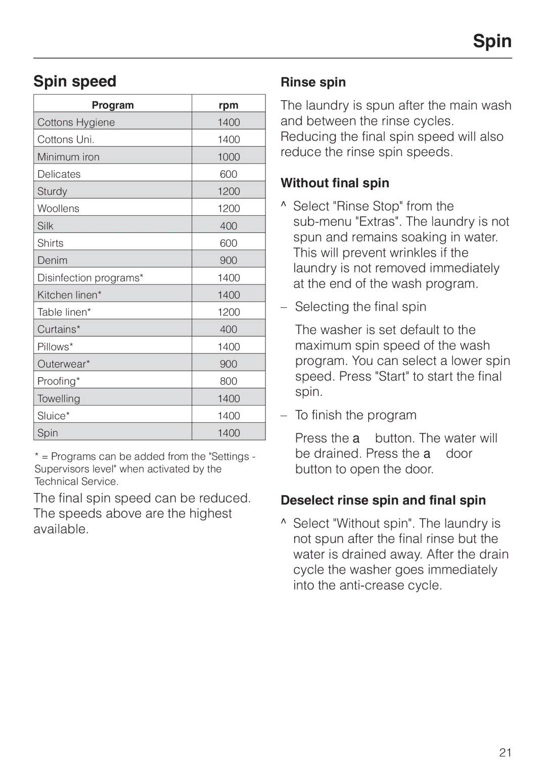 Miele PW 6065 Plus manual Spin speed, Rinse spin, Without final spin, Deselect rinse spin and final spin 