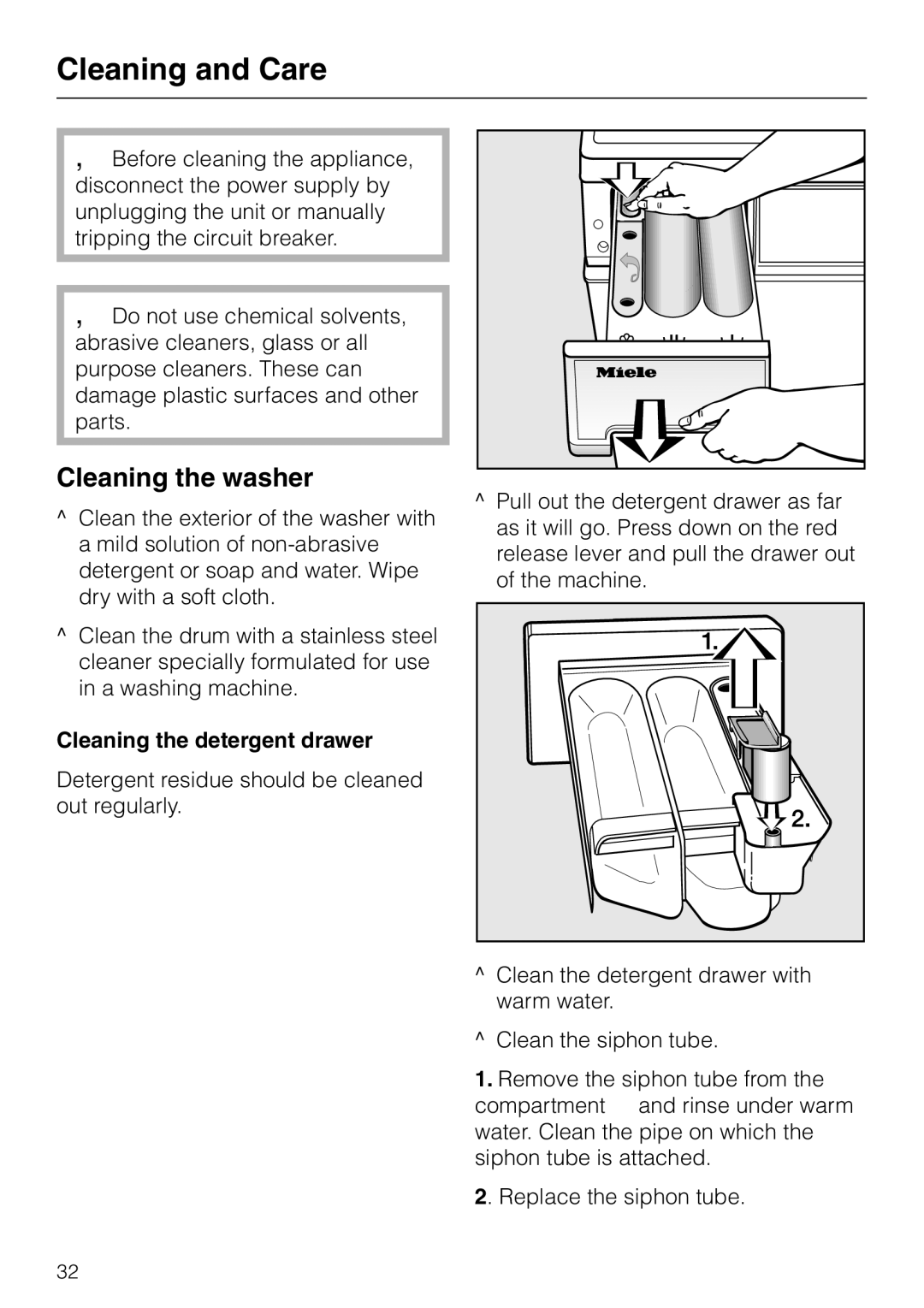 Miele PW 6065 Plus manual Cleaning and Care, Cleaning the washer, Cleaning the detergent drawer 