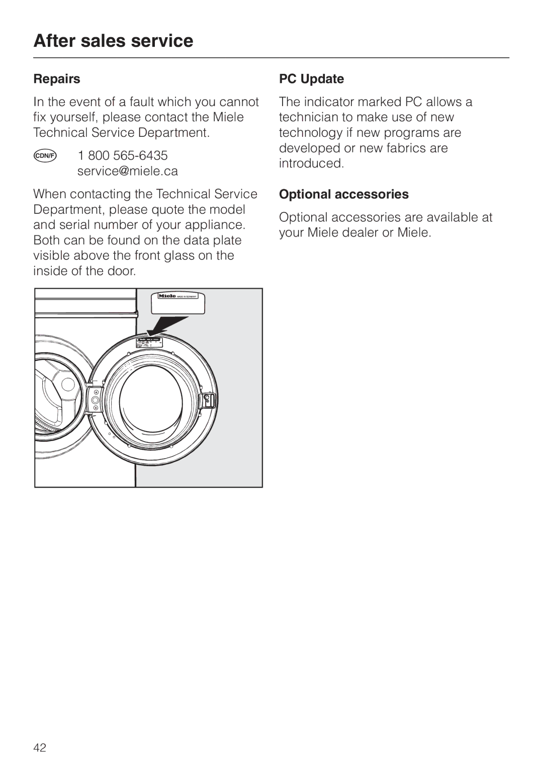 Miele PW 6065 Plus manual After sales service, Repairs, PC Update, Optional accessories 