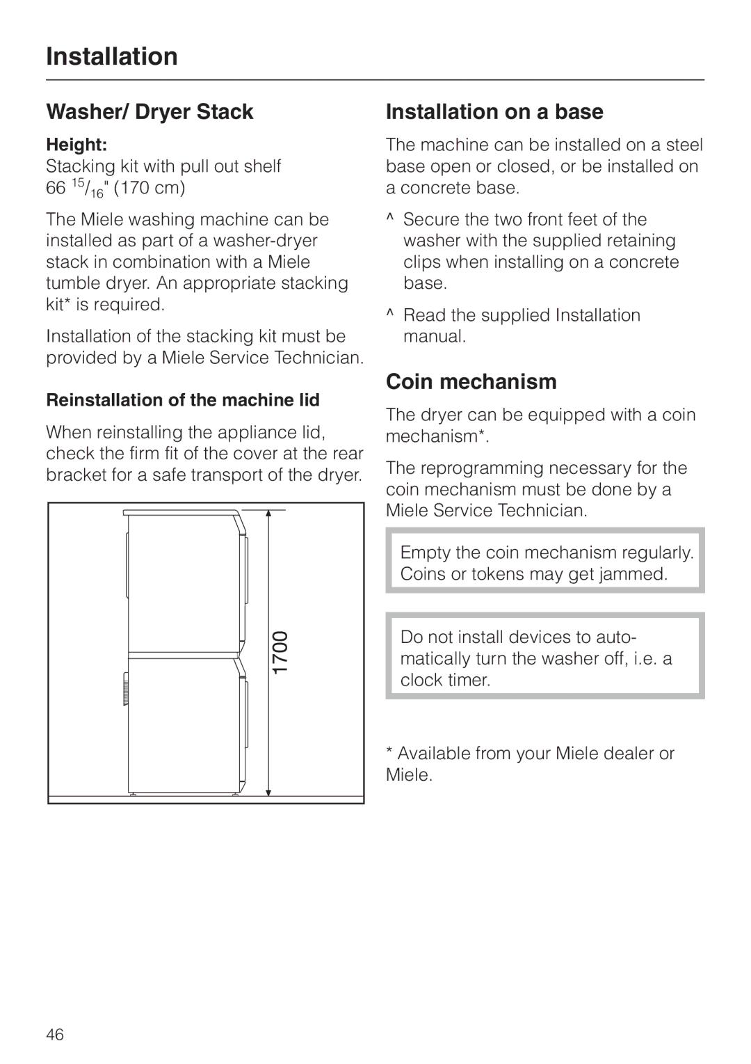 Miele PW 6065 Plus Washer/ Dryer Stack, Installation on a base, Coin mechanism, Height, Reinstallation of the machine lid 