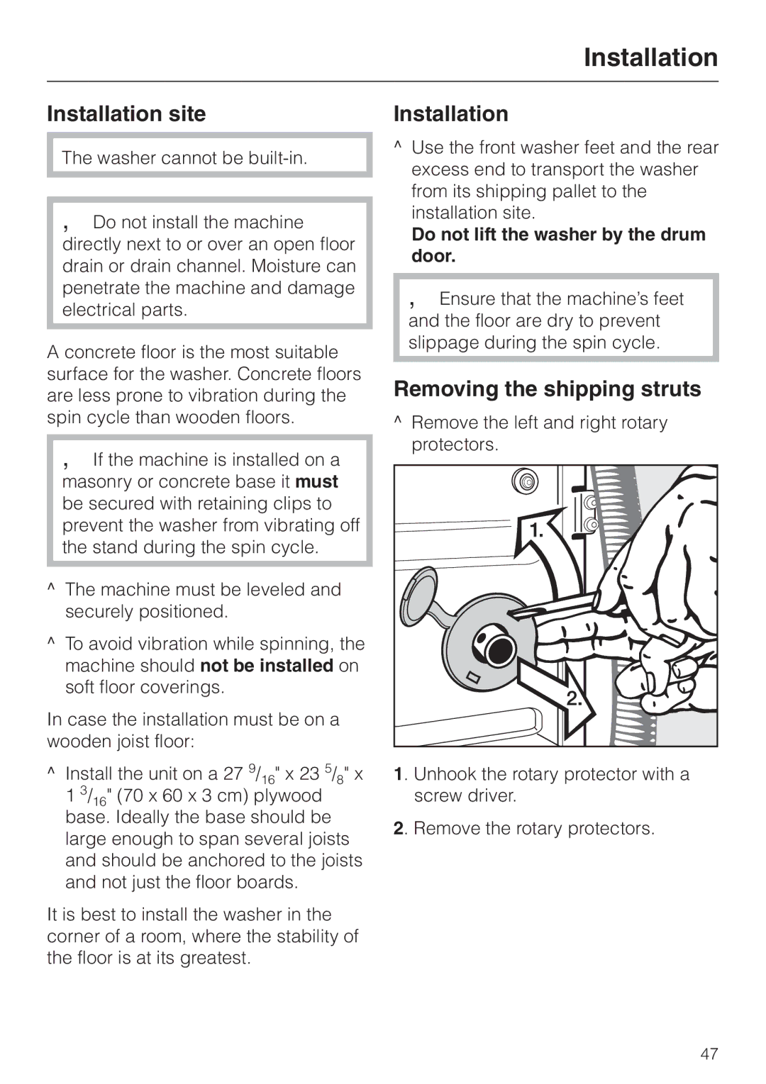 Miele PW 6065 Plus manual Installation site, Removing the shipping struts, Do not lift the washer by the drum door 