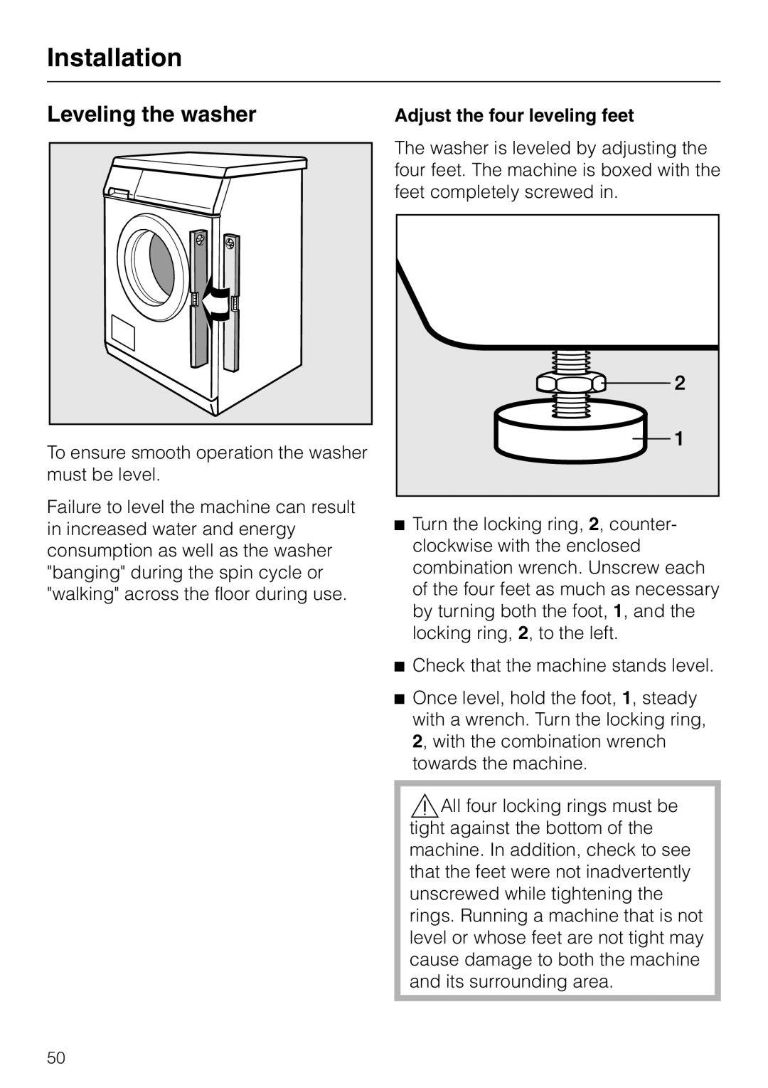 Miele PW 6065 Plus manual Leveling the washer 