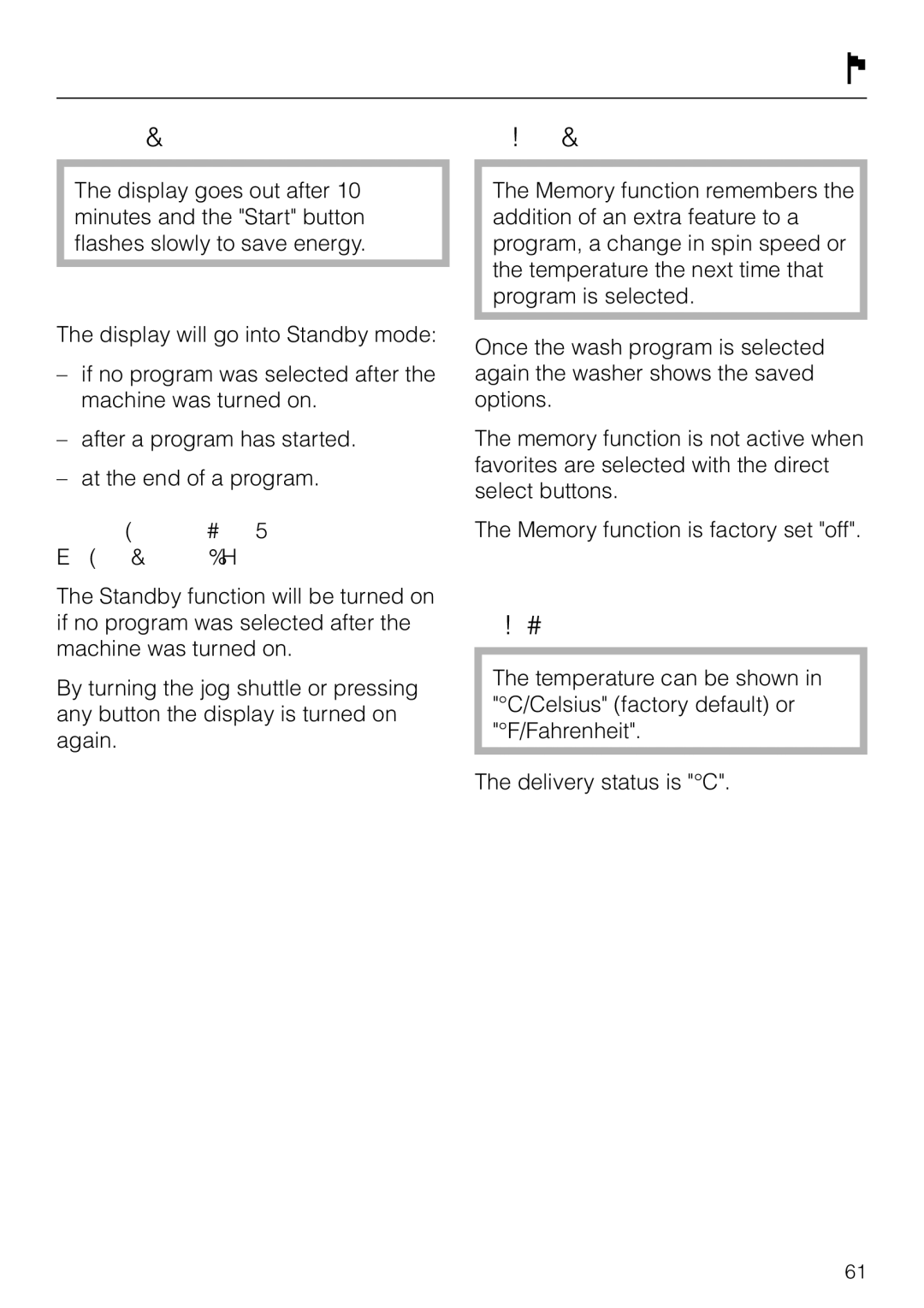 Miele PW 6065 Plus manual Standby, Memory, Temperature unit, Not in current prog. Factory default 