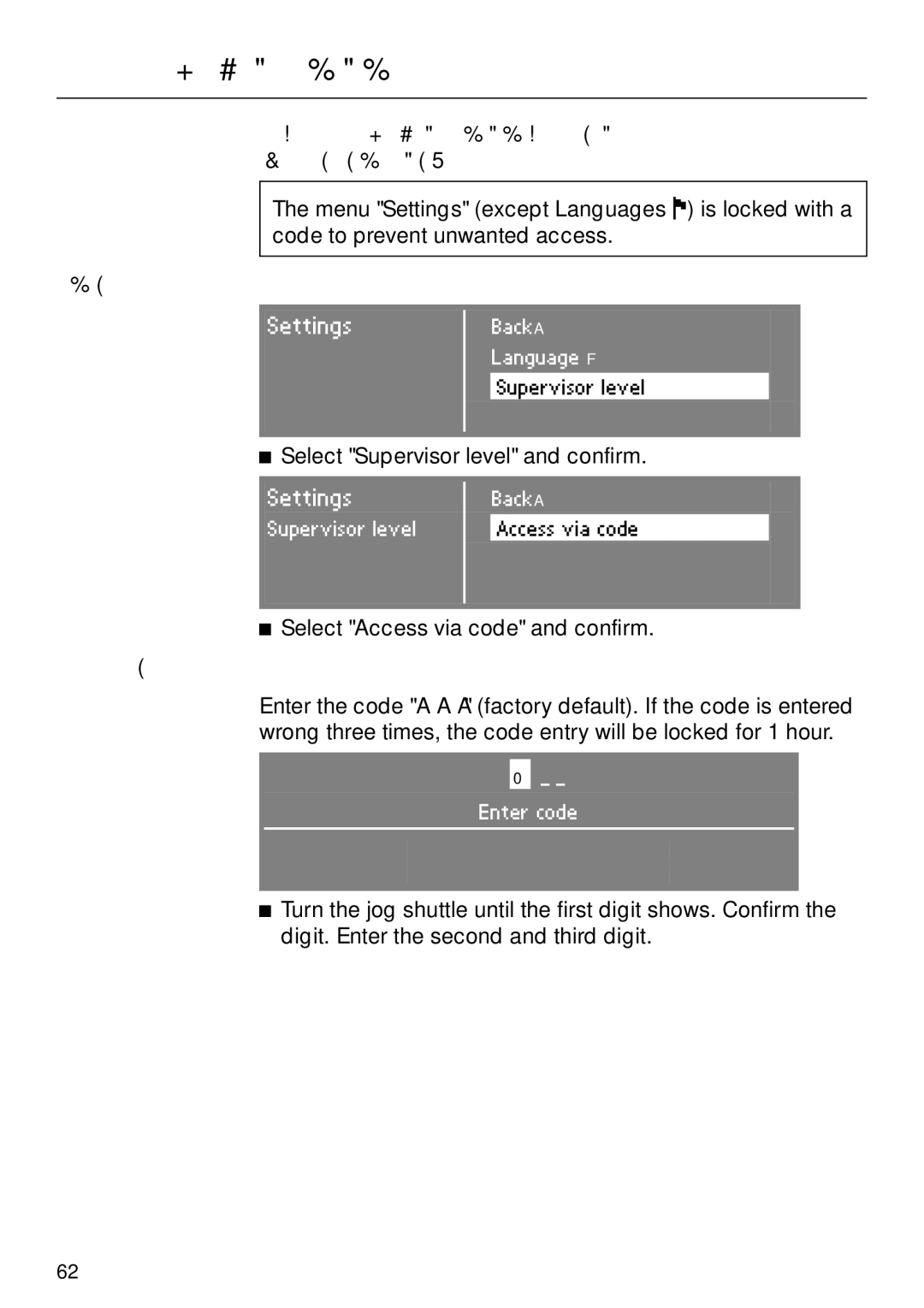 Miele PW 6065 Plus manual Menu Settings Supervisor level, Entering the code 