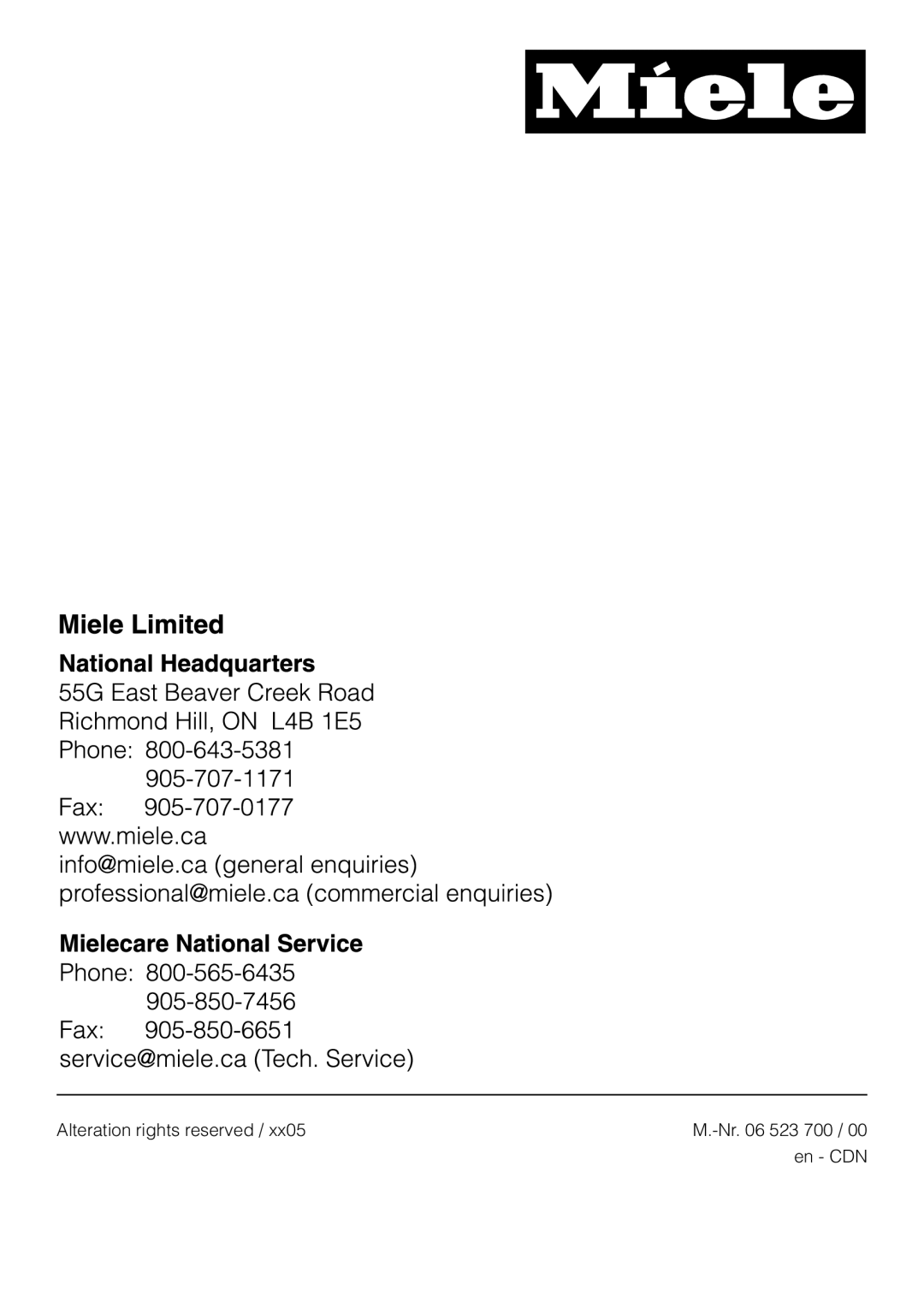 Miele PW 6065 Plus manual Alteration rights reserved 