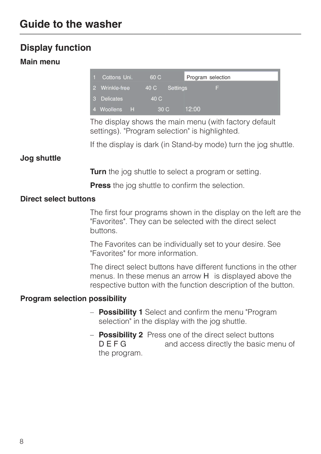 Miele PW 6065 Plus manual Display function, Main menu, Program selection possibility 