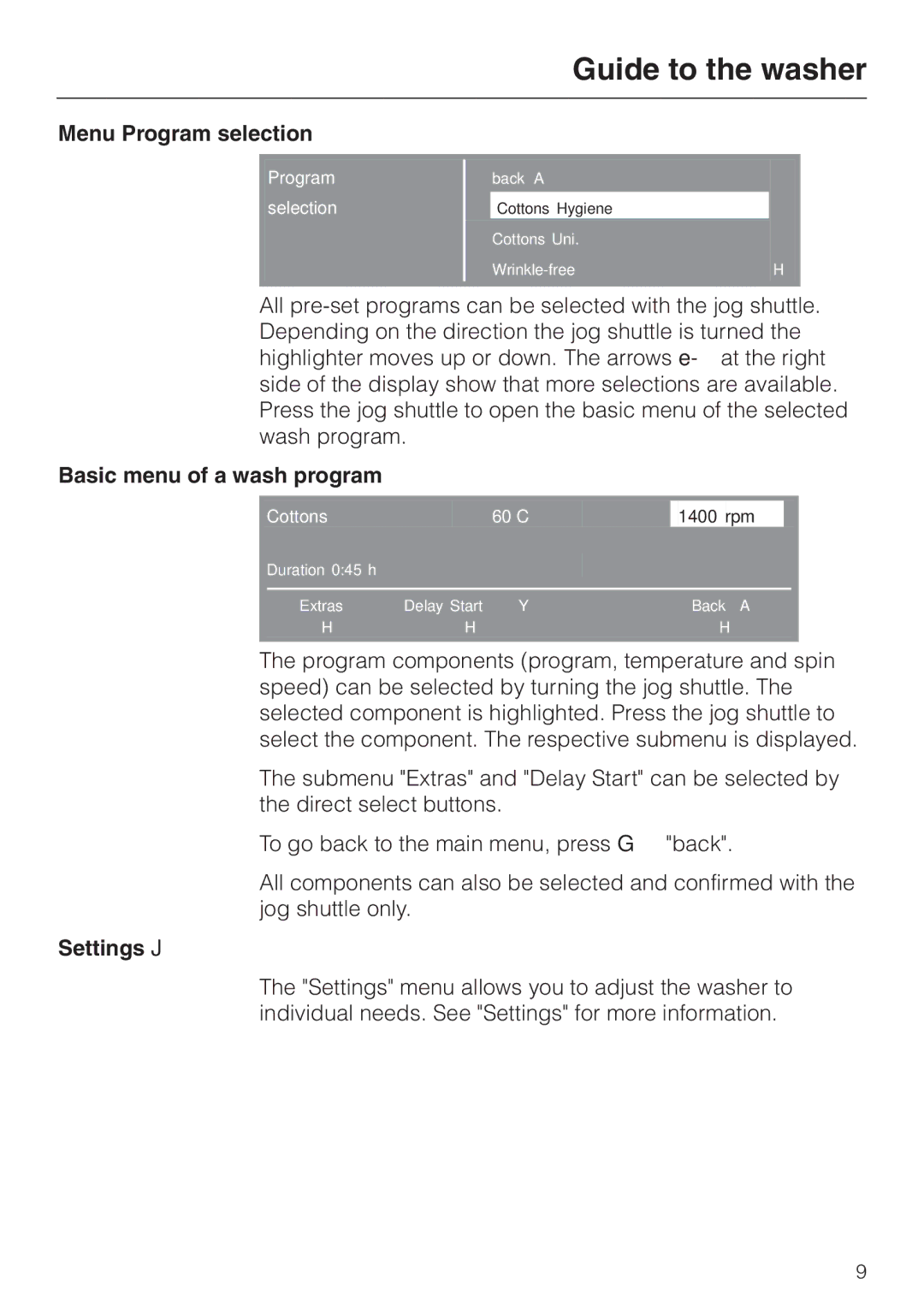 Miele PW 6065 Plus manual Menu Program selection, Basic menu of a wash program, Settings J 