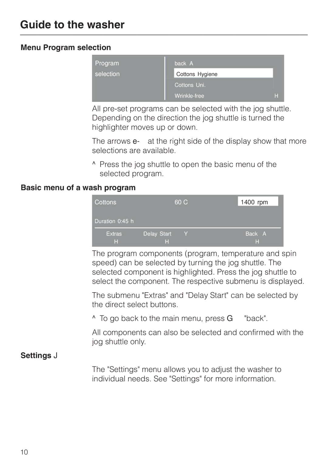 Miele PW 6065 manual Menu Program selection, Basic menu of a wash program, Settings J 