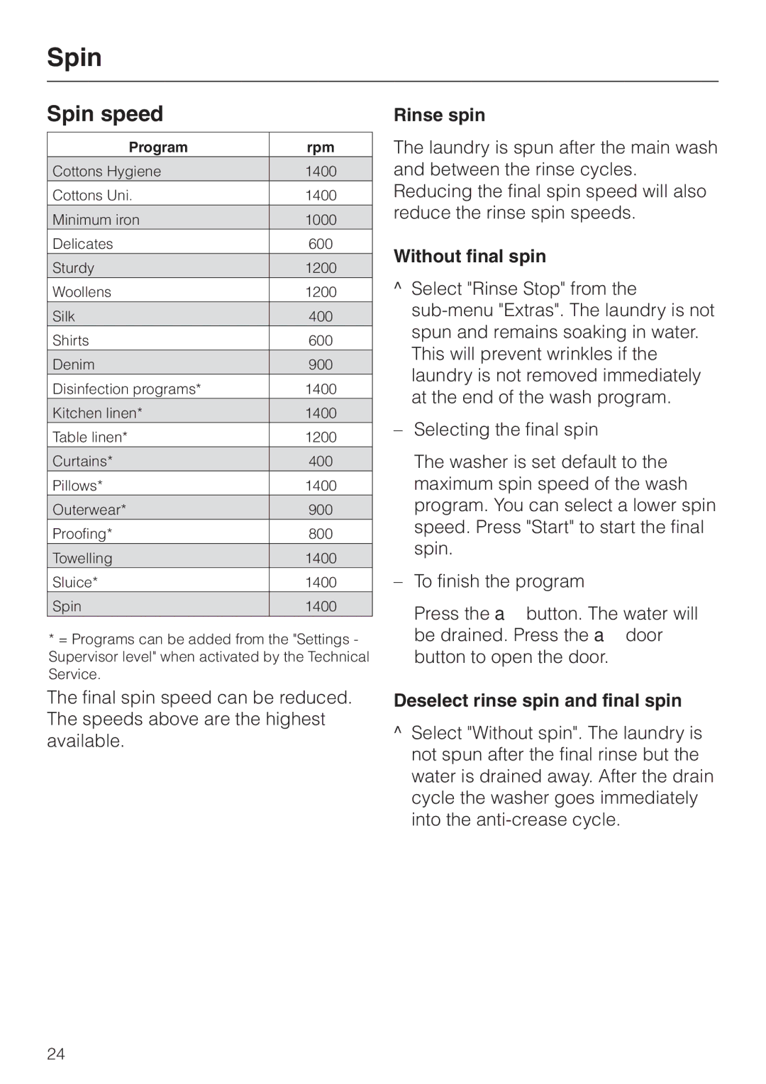 Miele PW 6065 manual Spin speed, Rinse spin, Without final spin, Deselect rinse spin and final spin 