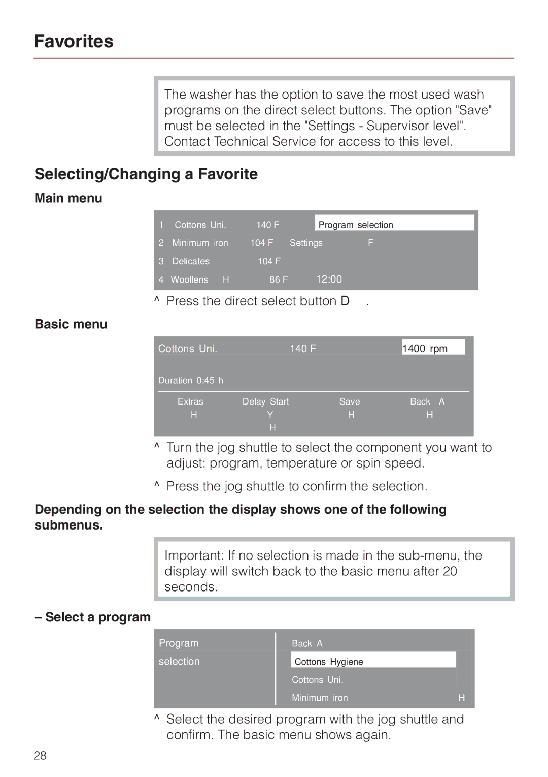 Miele PW 6065 manual Favorites, Selecting/Changing a Favorite, Basic menu, Select a program 