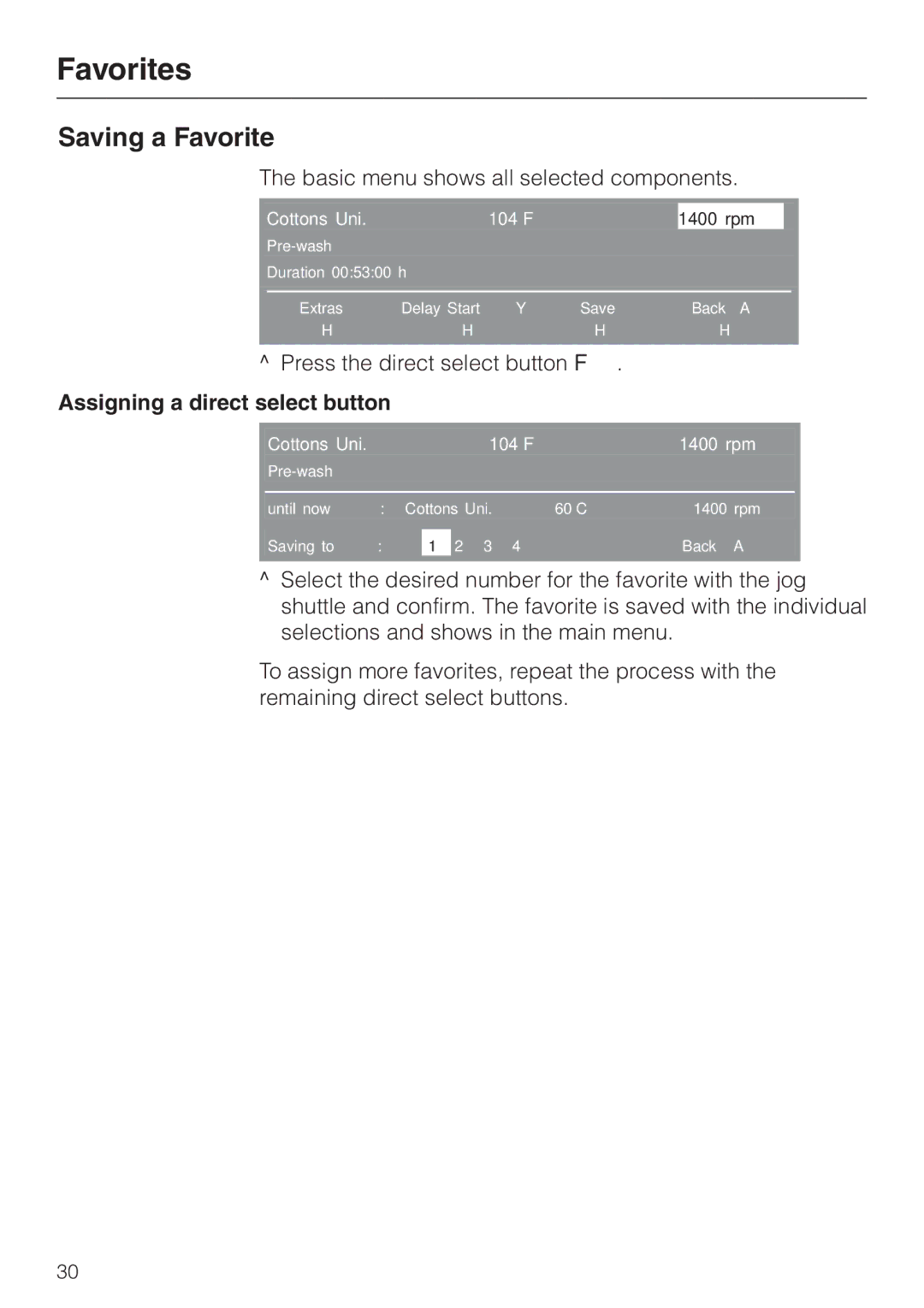 Miele PW 6065 manual Saving a Favorite, Assigning a direct select button 