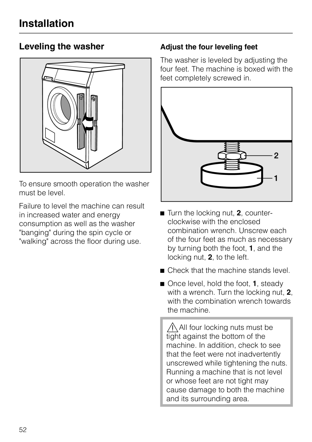 Miele PW 6065 manual Leveling the washer 