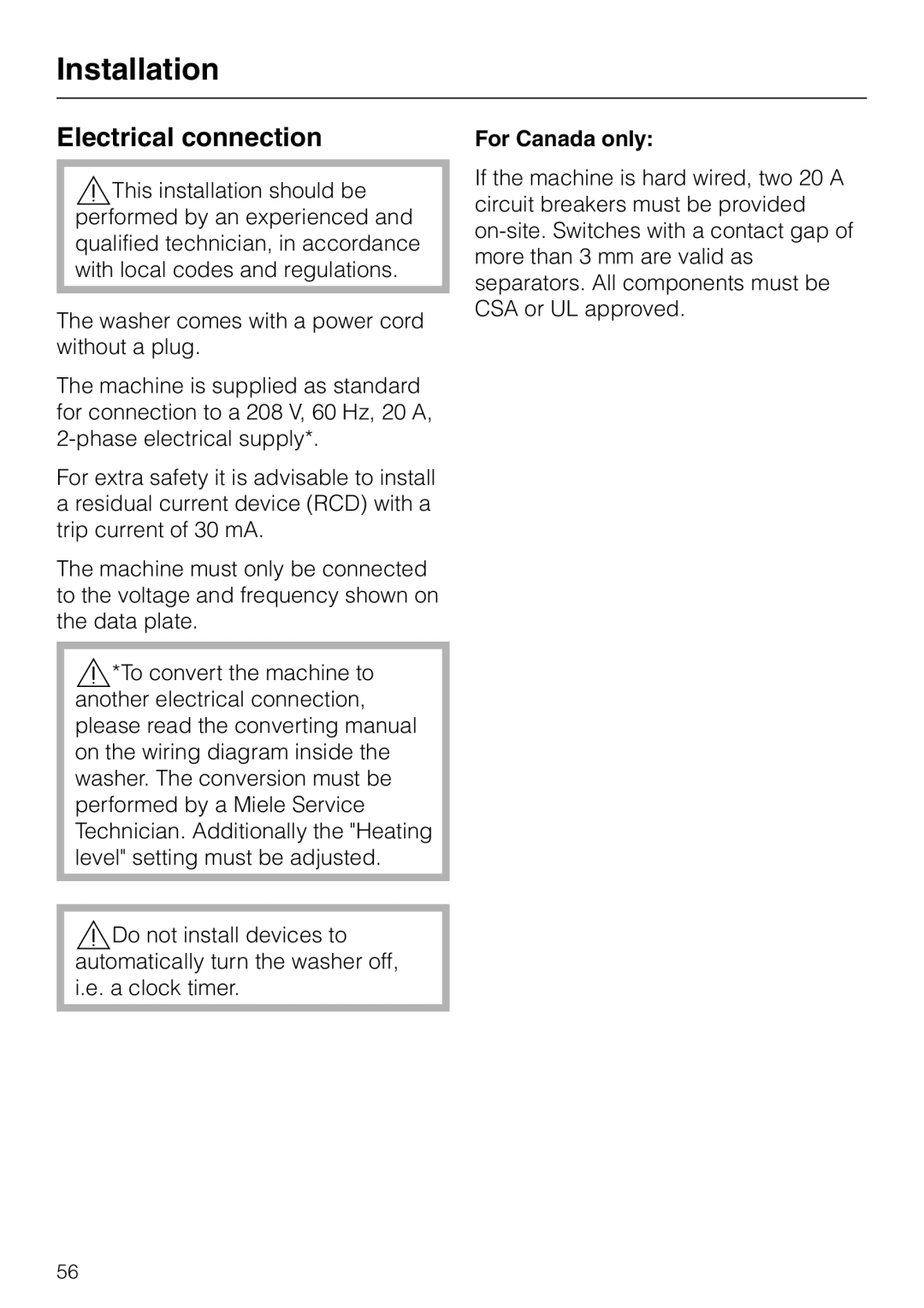 Miele PW 6065 manual Electrical connection, For Canada only 