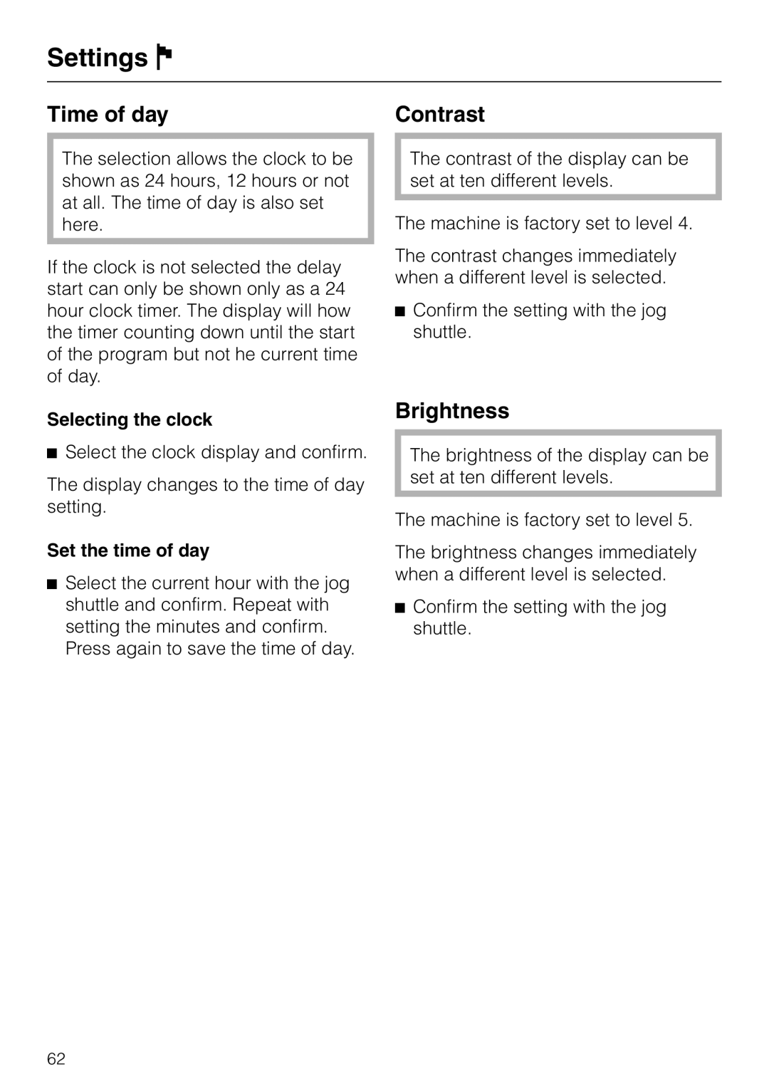 Miele PW 6065 manual Time of day, Contrast, Brightness, Selecting the clock 