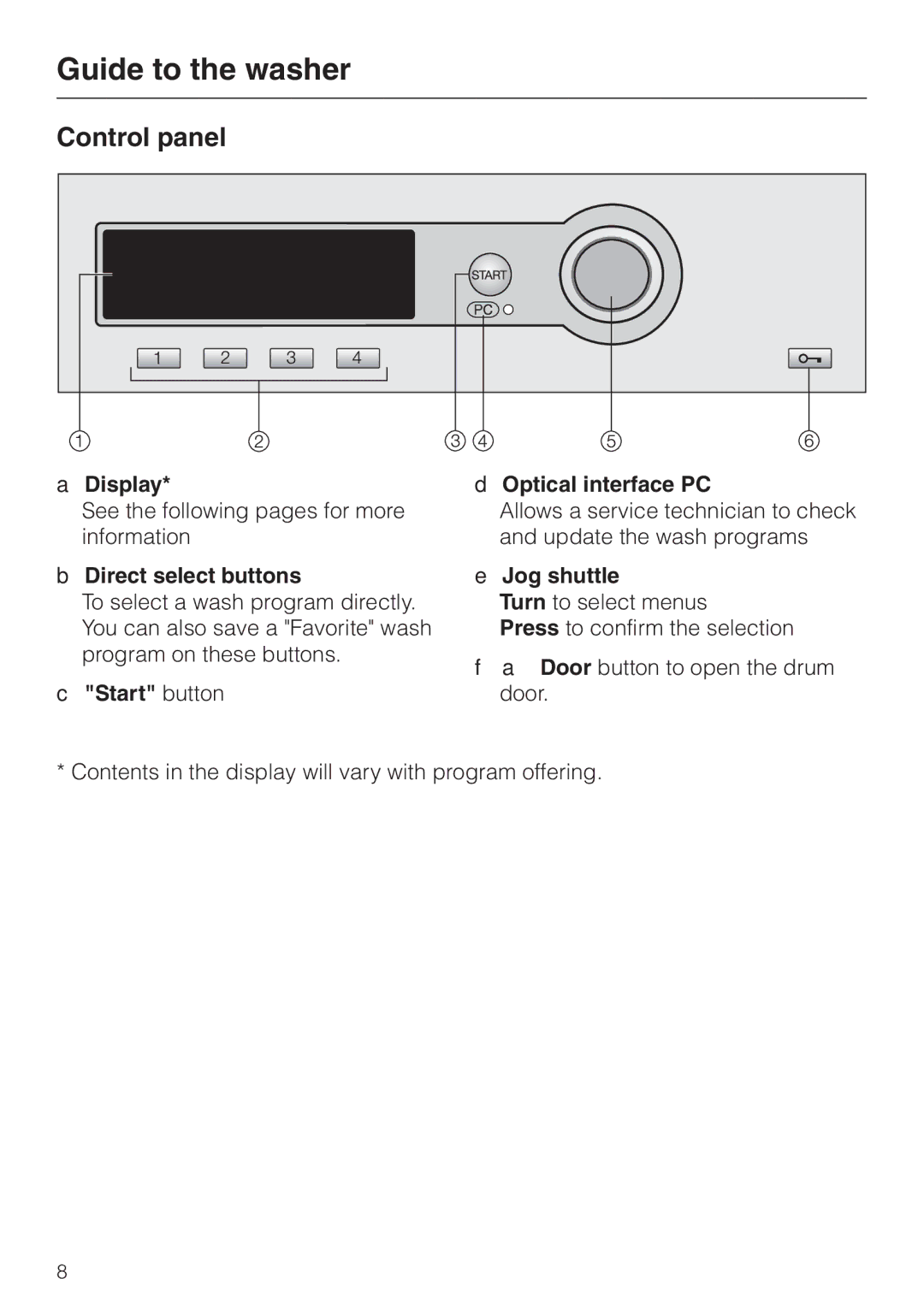 Miele PW 6065 manual Guide to the washer, Control panel 