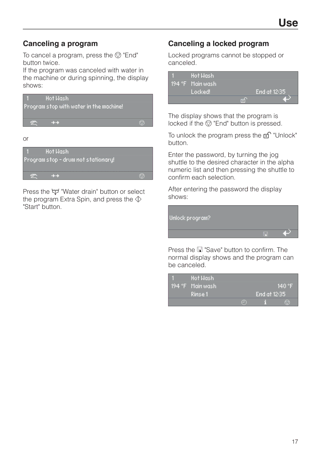 Miele PW 6101, PW 6161, PW 6131, PW 6201 operating instructions Canceling a program, Canceling a locked program 