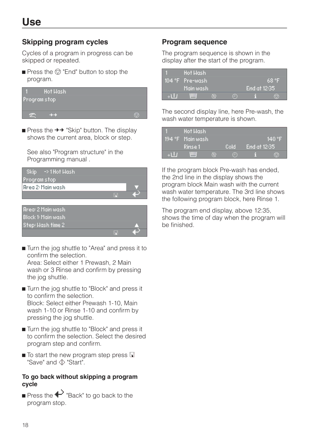 Miele PW 6131, PW 6161, PW 6101 Skipping program cycles, Program sequence, To go back without skipping a program cycle 