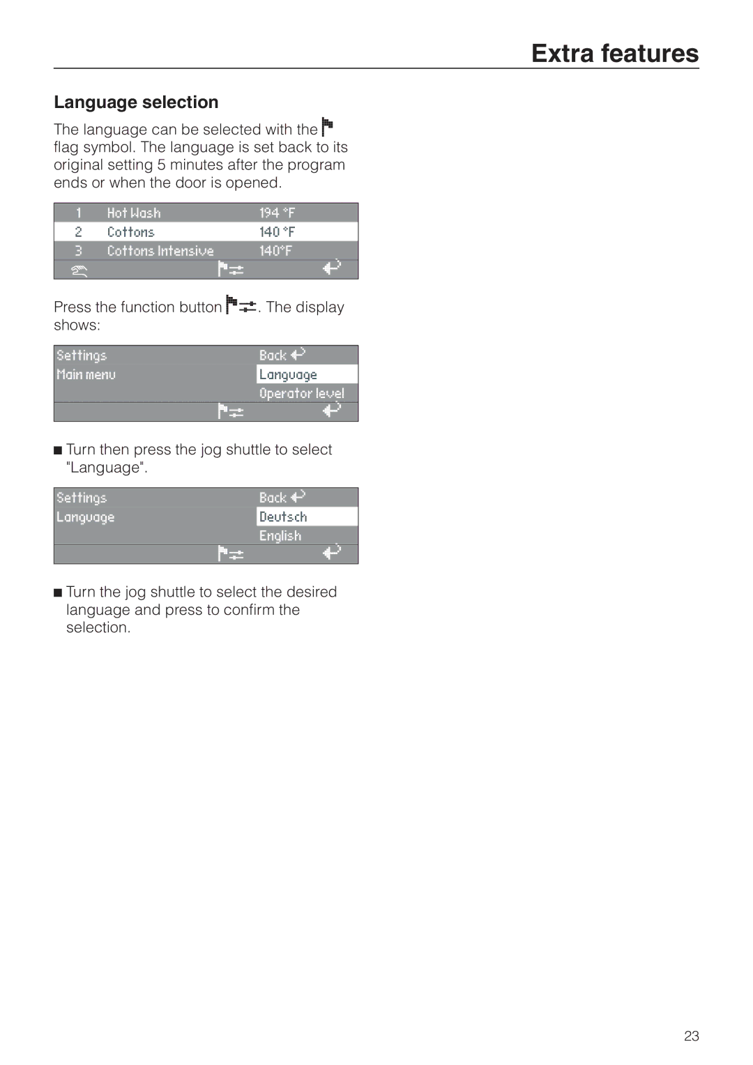 Miele PW 6201, PW 6161, PW 6101, PW 6131 operating instructions Extra features, Language selection 