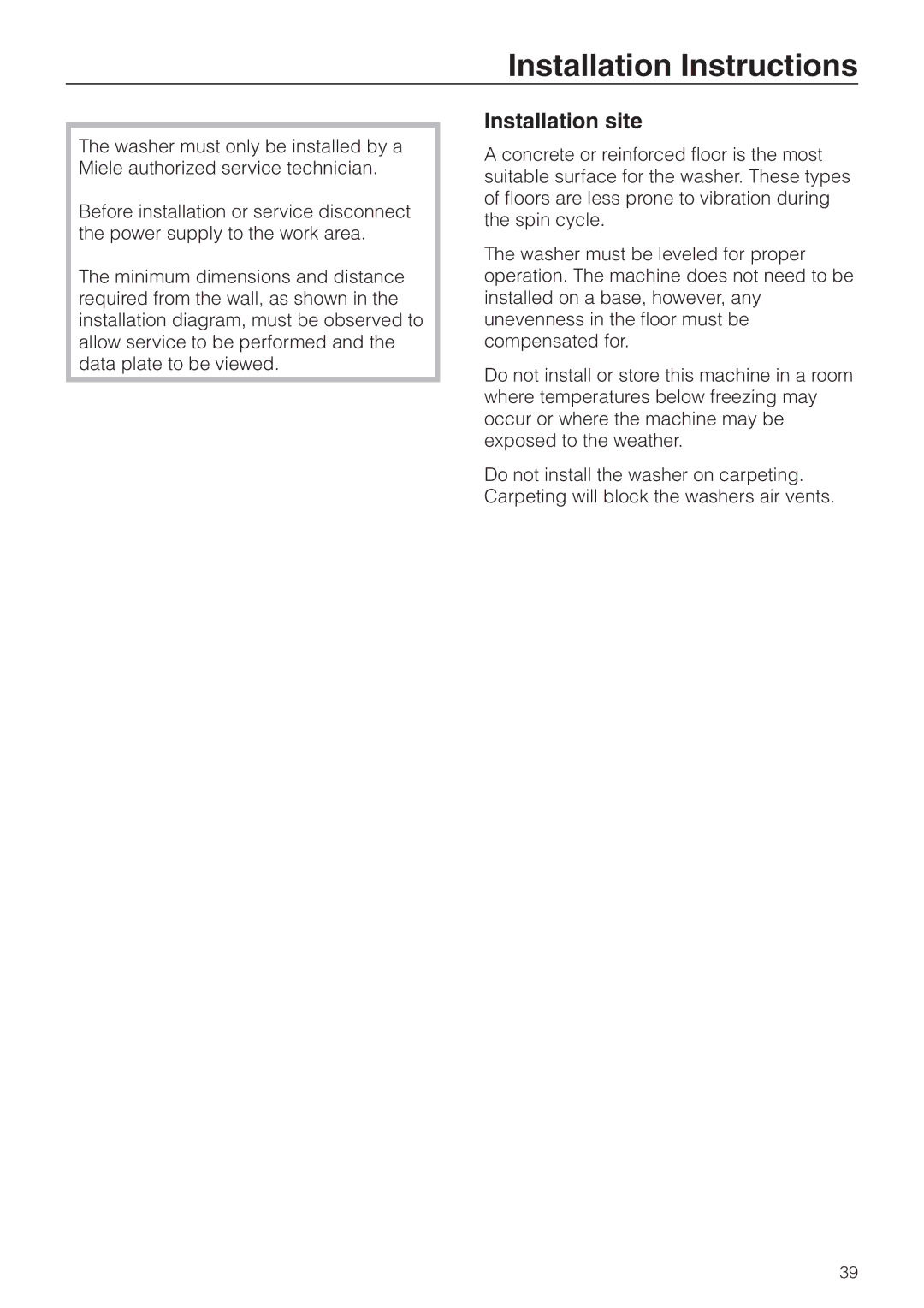 Miele PW 6201, PW 6161, PW 6101, PW 6131 operating instructions Installation Instructions, Installation site 