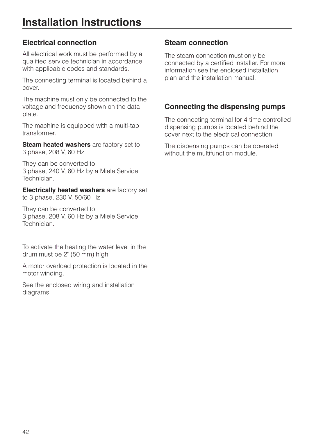 Miele PW 6131, PW 6161, PW 6101, PW 6201 Electrical connection, Steam connection, Connecting the dispensing pumps 