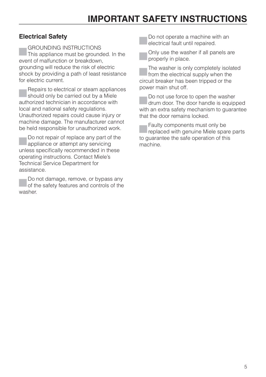 Miele PW 6101, PW 6161, PW 6131, PW 6201 operating instructions Electrical Safety, Grounding Instructions 