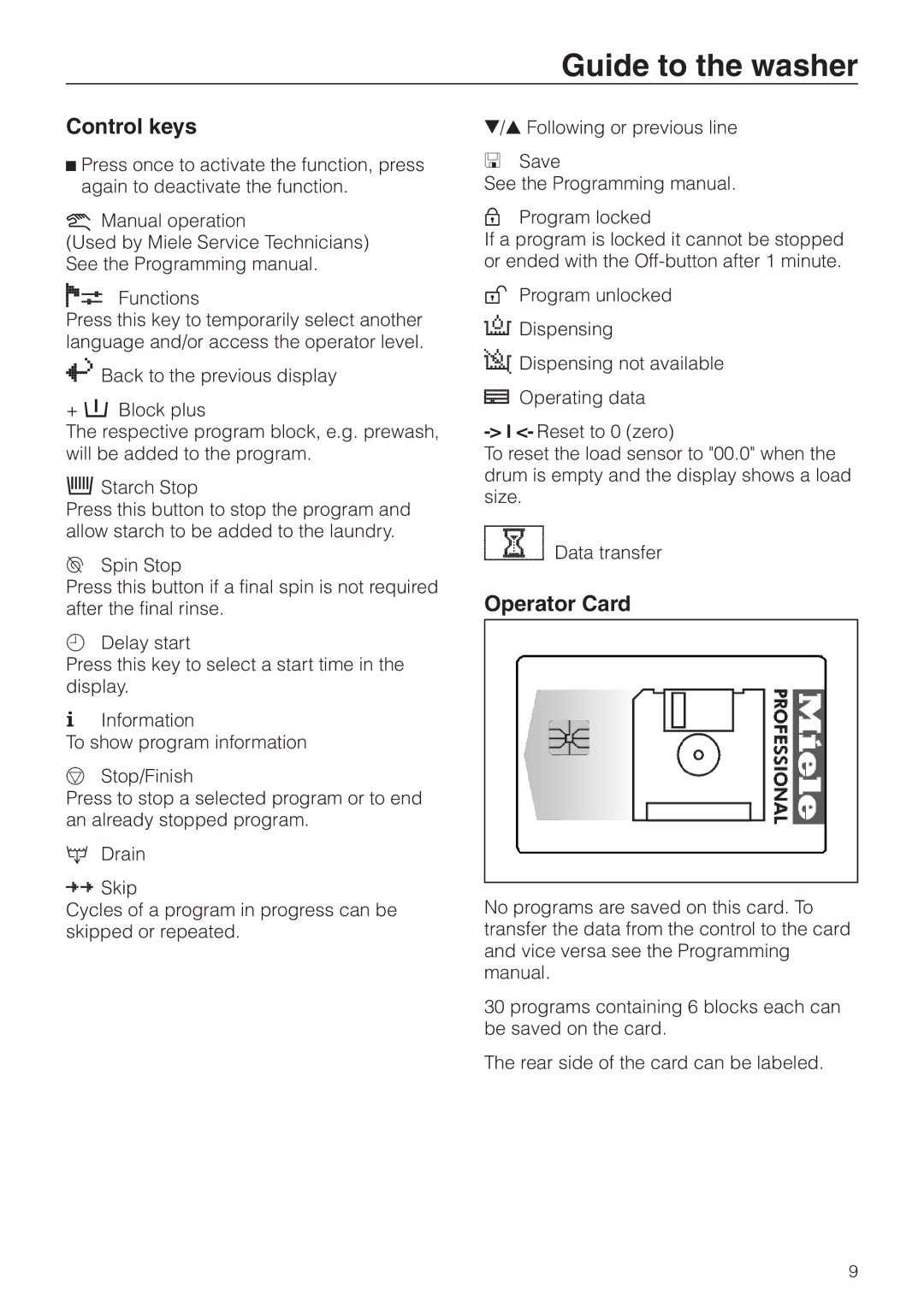 Miele PW 6101, PW 6161, PW 6131, PW 6201 operating instructions Control keys, Operator Card 