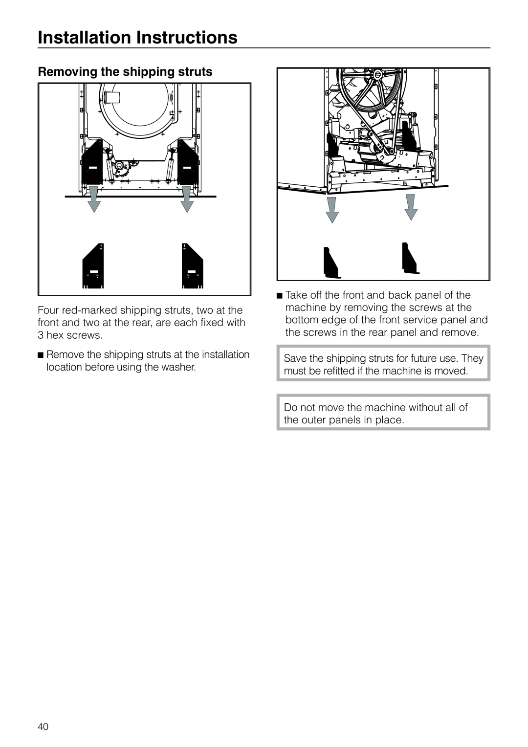 Miele PW 6161, PW 6101, PW 6131, PW 6201 operating instructions Removing the shipping struts, Installation Instructions 