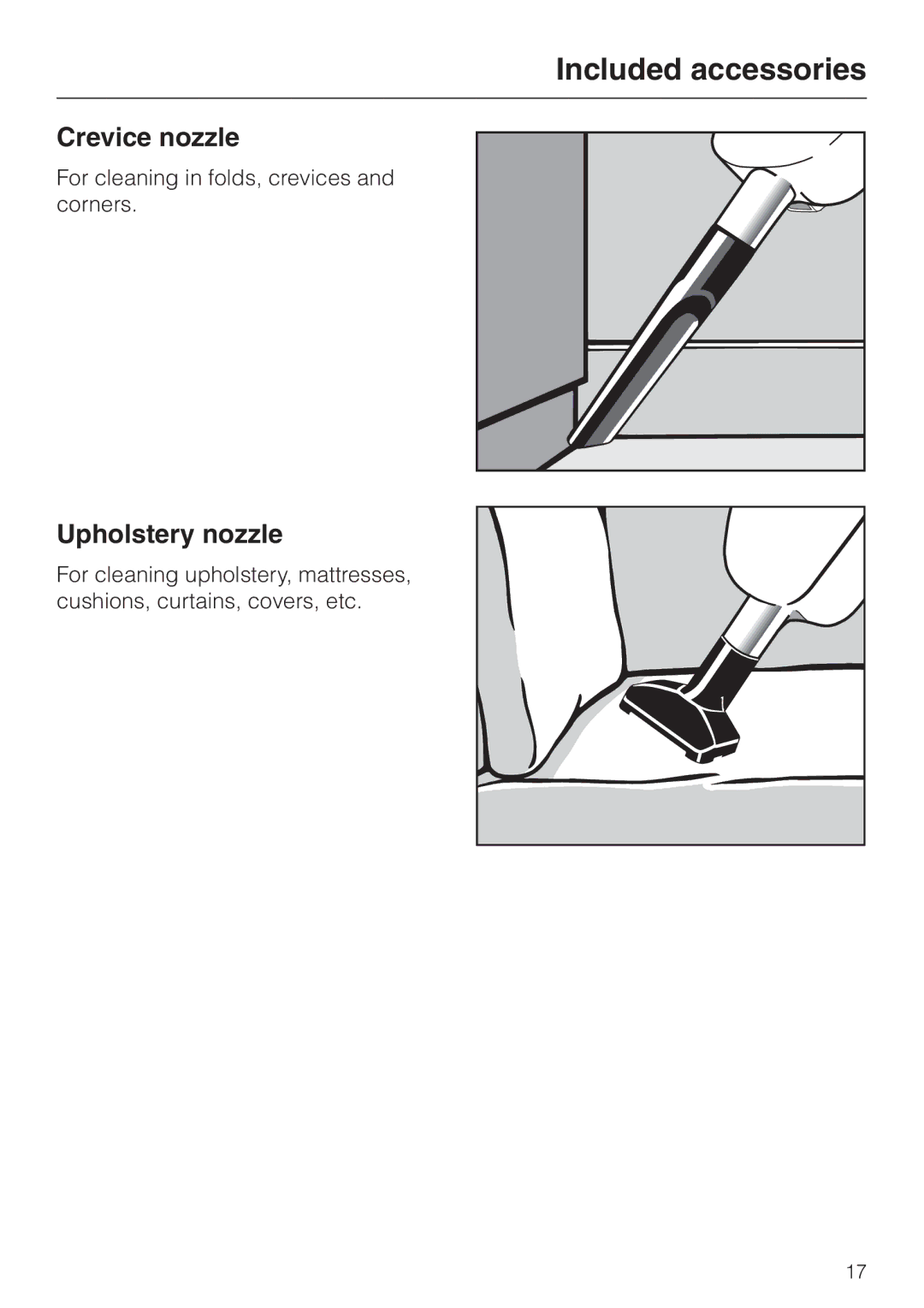 Miele S 140 S 160 manual Crevice nozzle, Upholstery nozzle 