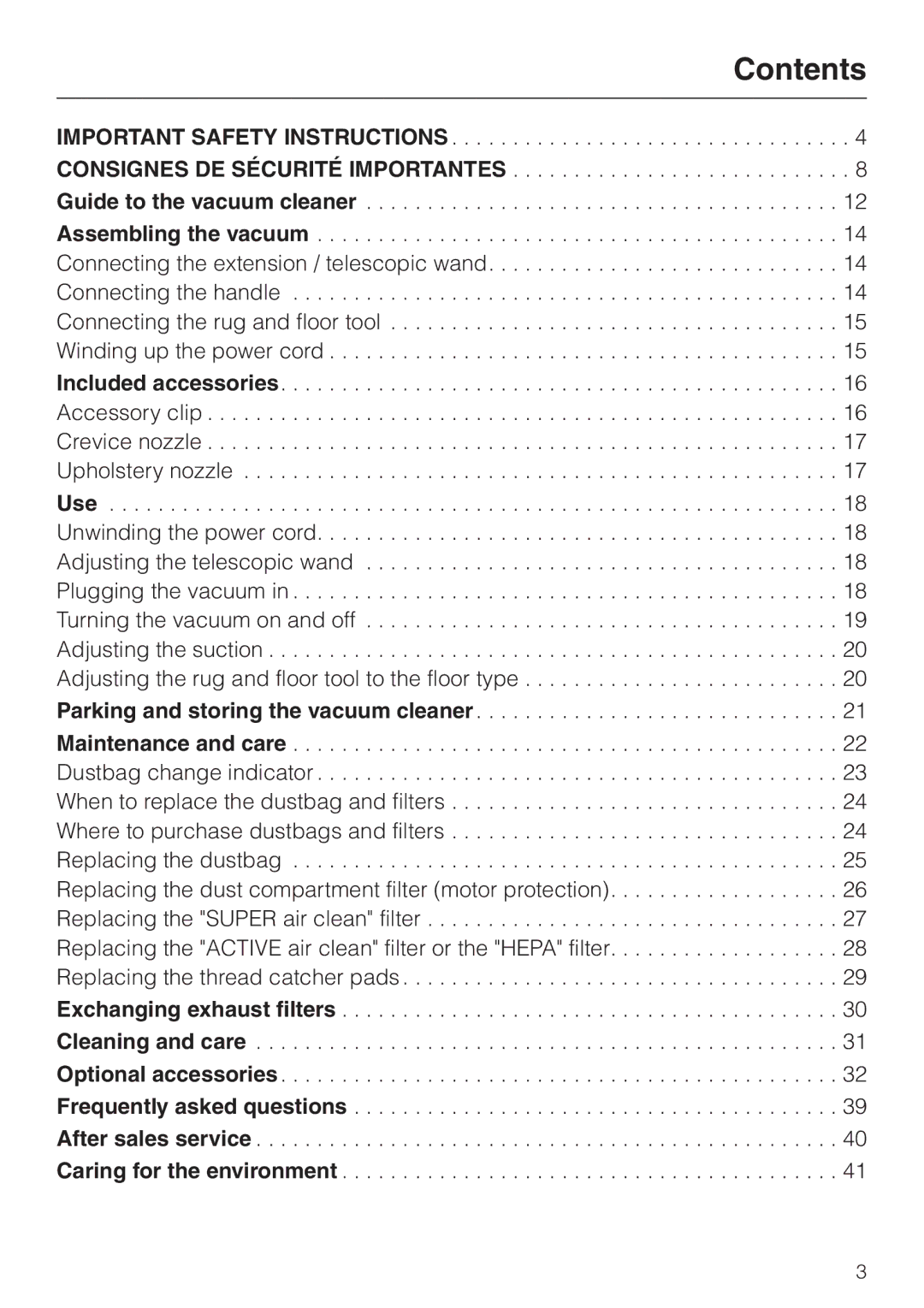 Miele S 140 S 160 manual Contents 