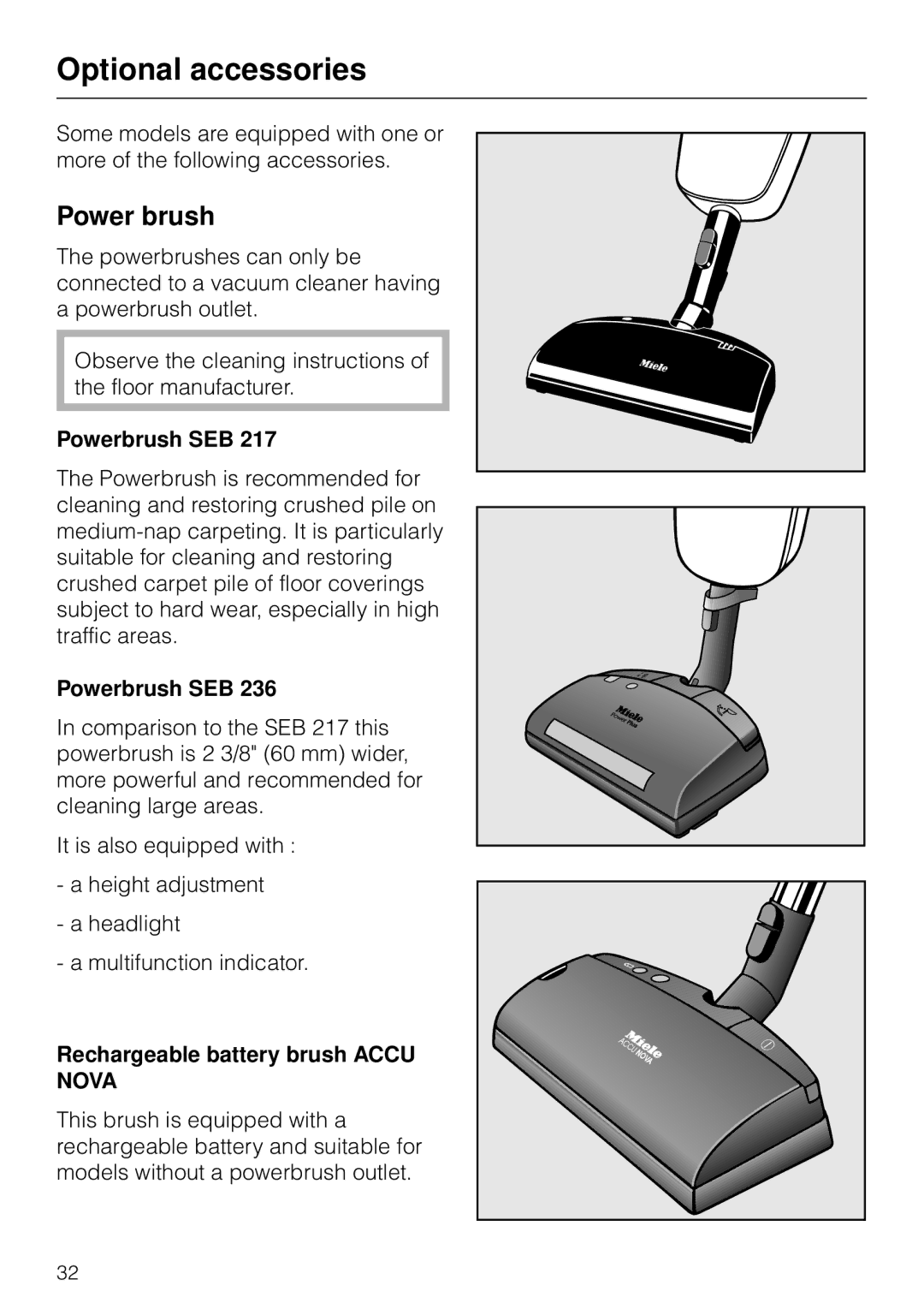 Miele S 140 S 160 manual Optional accessories, Power brush, Powerbrush SEB, Rechargeable battery brush Accu Nova 