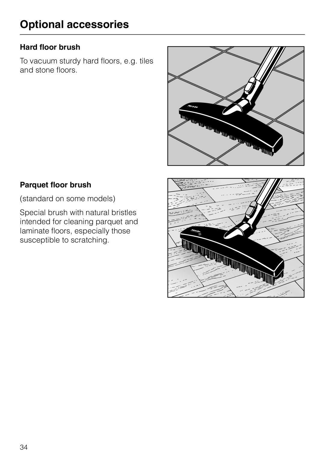 Miele S 140 S 160 manual Optional accessories, Hard floor brush, Parquet floor brush 