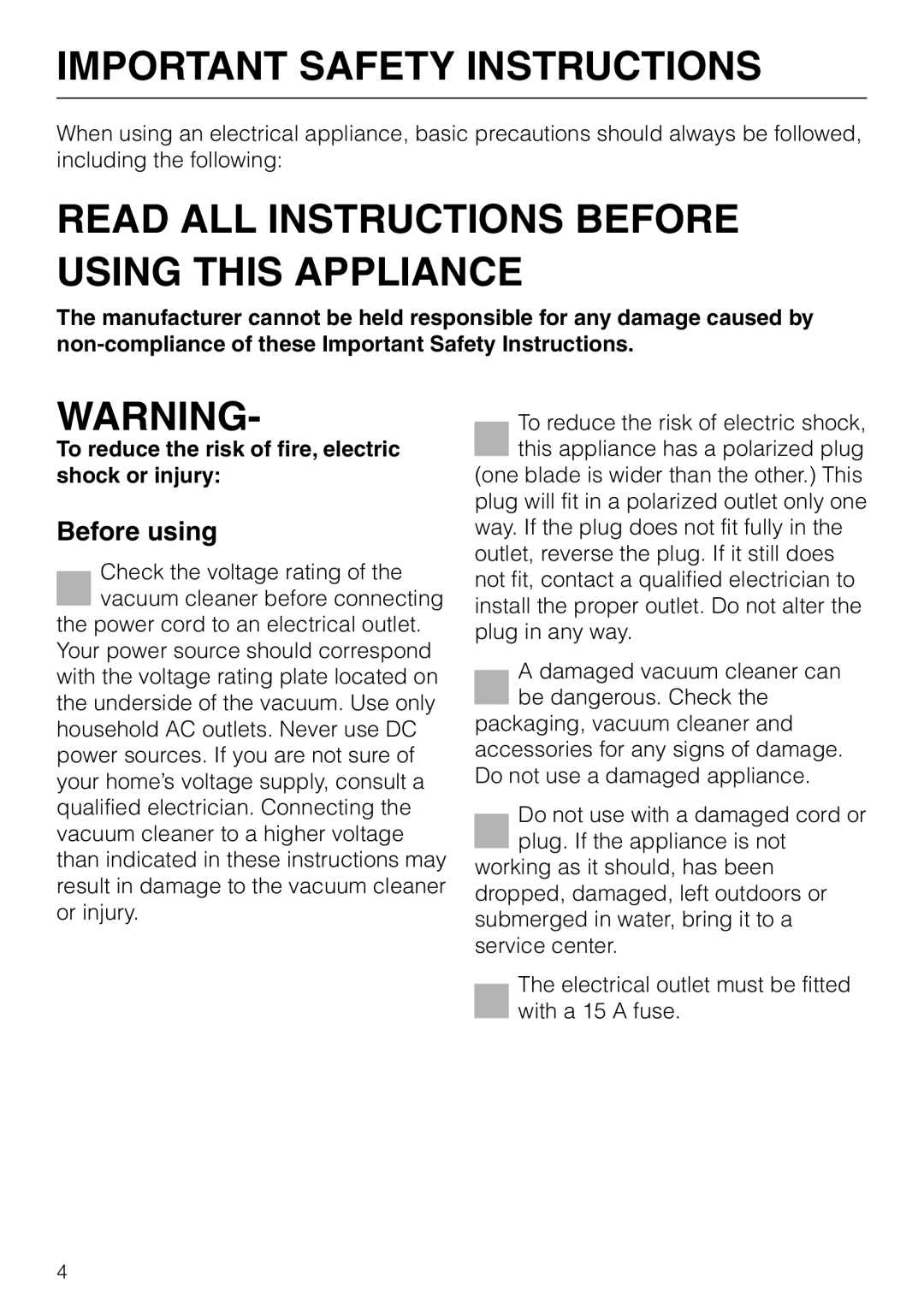 Miele S 140 S 160 manual Important Safety Instructions, Read All Instructions Before Using This Appliance, Before using 