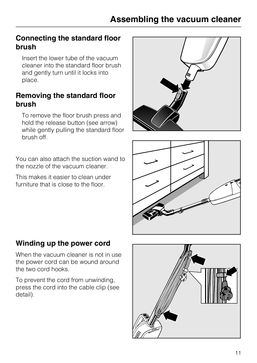 Miele S 190 Connecting the standard floor brush, Removing the standard floor brush, Winding up the power cord 