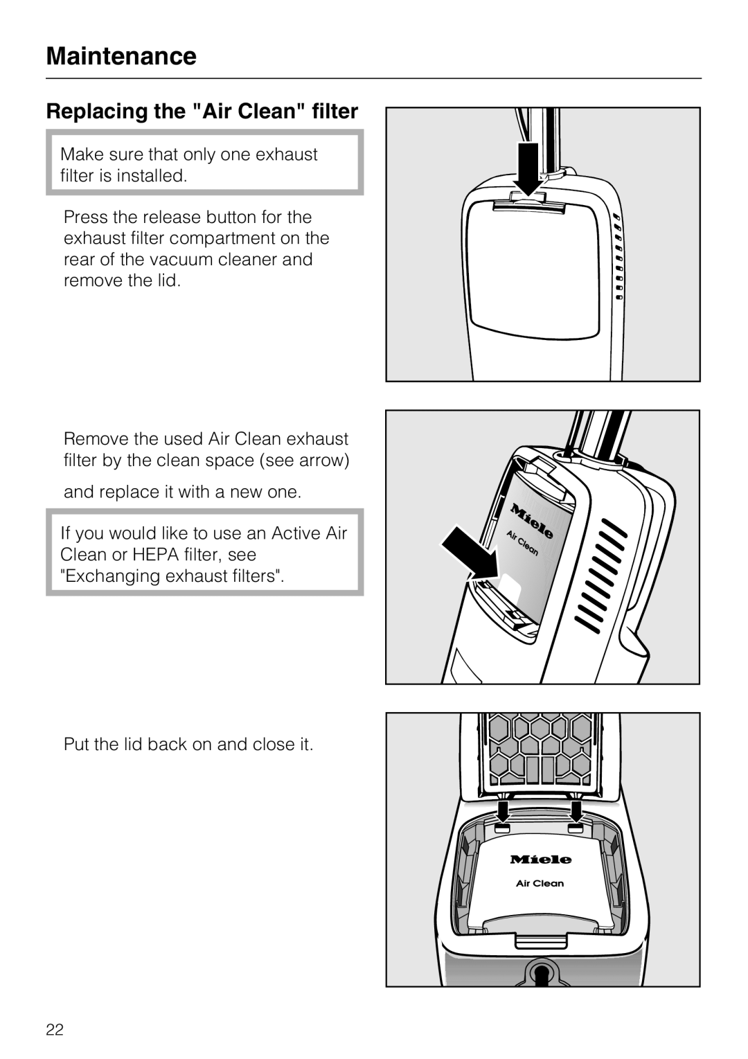 Miele S 190 operating instructions Replacing the Air Clean filter 