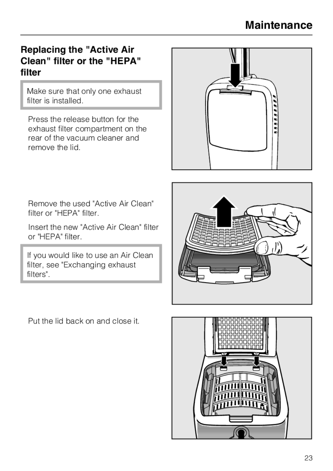 Miele S 190 operating instructions Replacing the Active Air Clean filter or the Hepa filter 