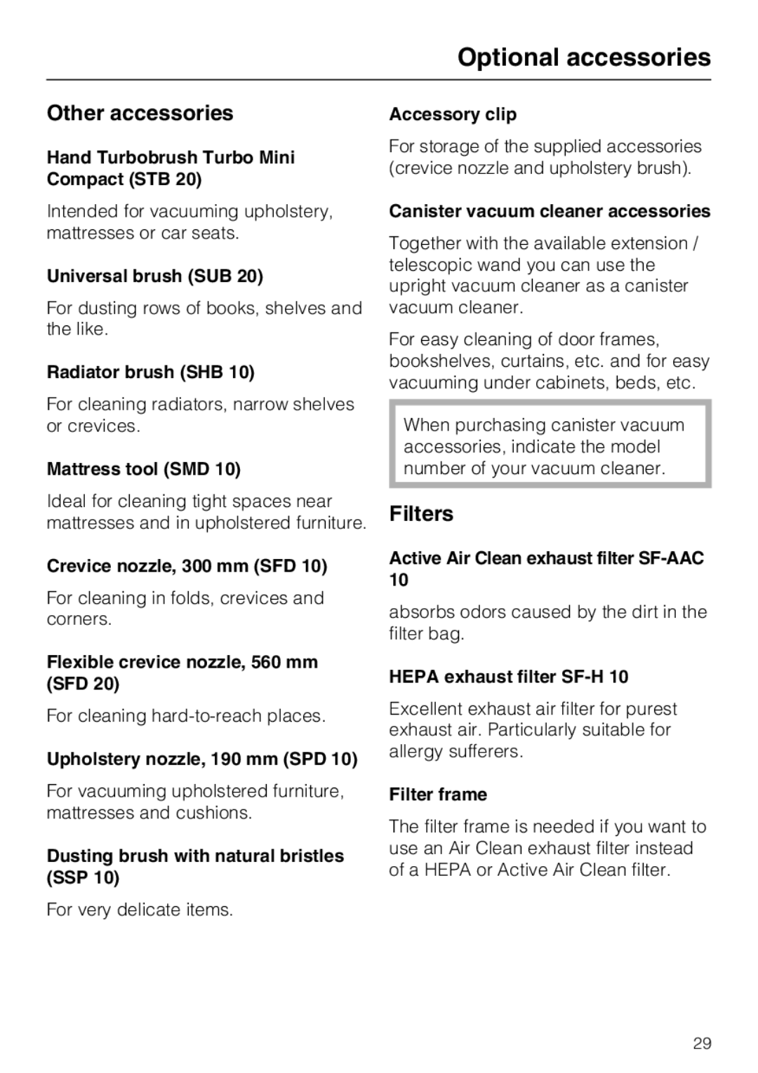 Miele S 190 operating instructions Other accessories, Filters 