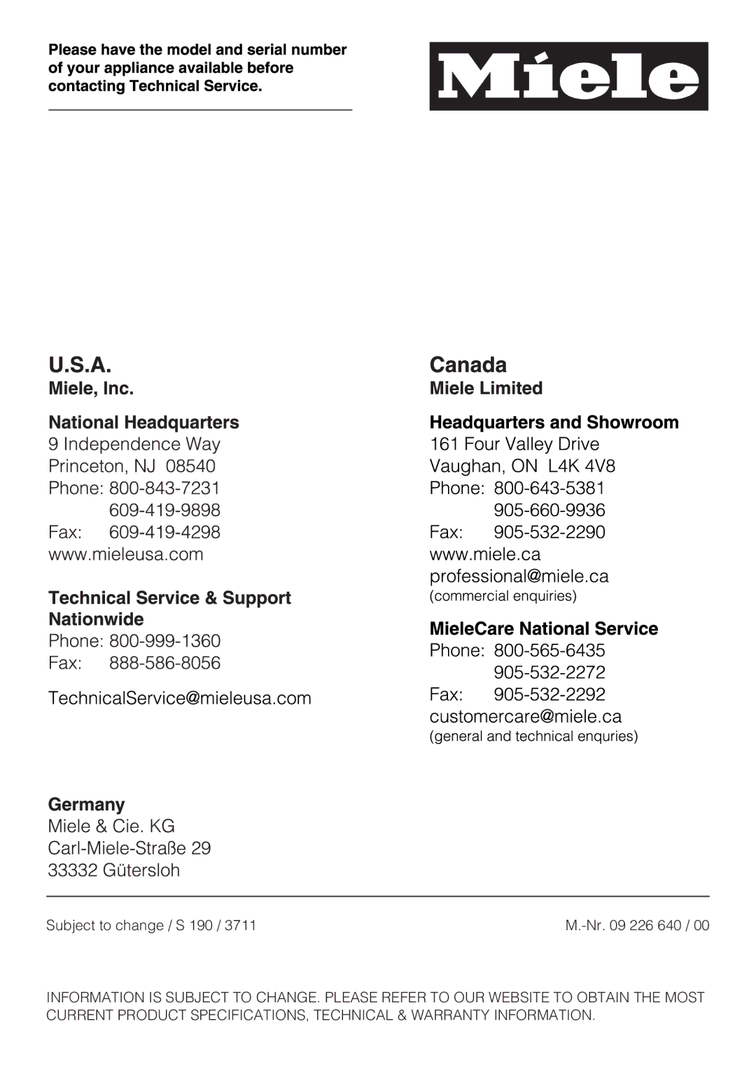 Miele operating instructions Subject to change / S 190 Nr 226 640 