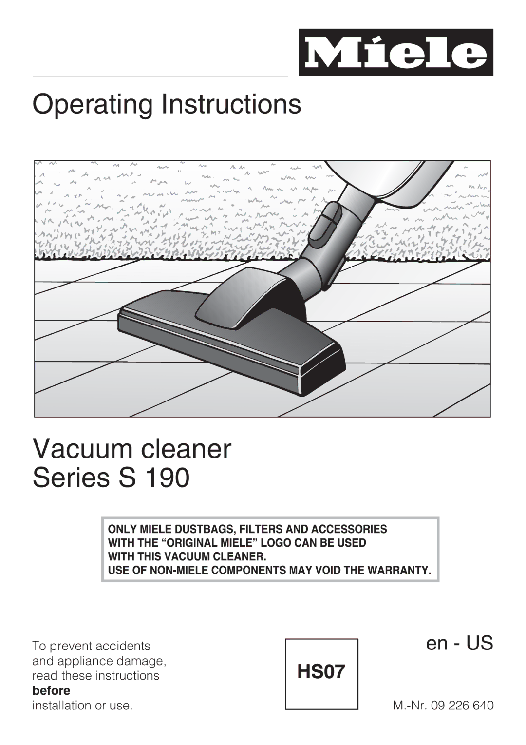 Miele S 190 manual Operating Instructions Vacuum cleaner Series S 