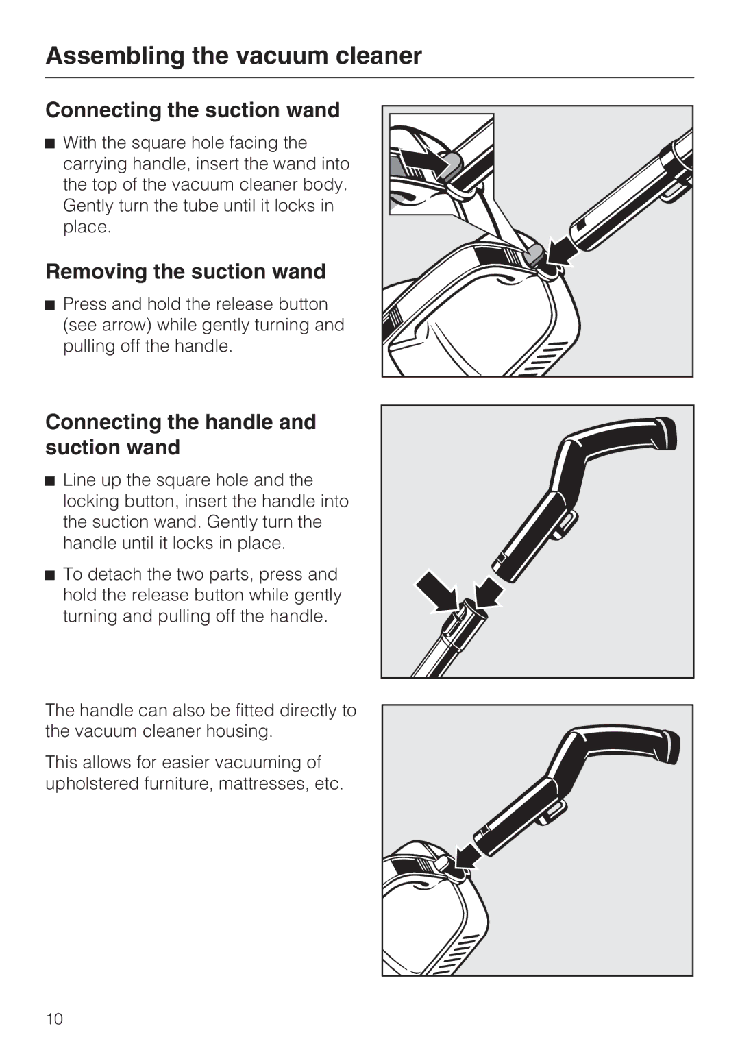 Miele S 190 manual Assembling the vacuum cleaner, Connecting the suction wand, Removing the suction wand 