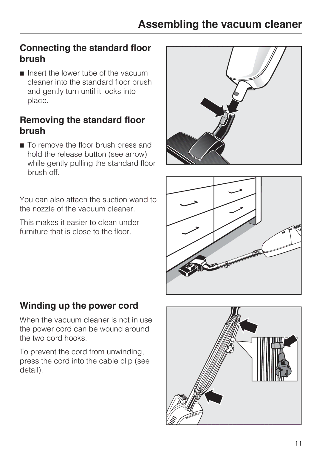 Miele S 190 manual Connecting the standard floor brush, Removing the standard floor brush, Winding up the power cord 