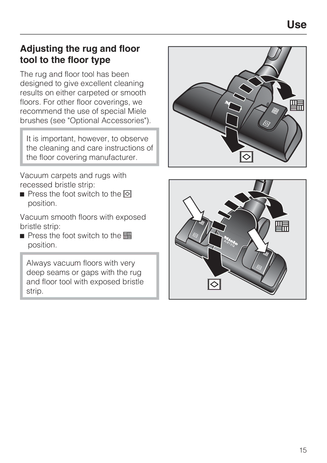 Miele S 190 manual Adjusting the rug and floor tool to the floor type 