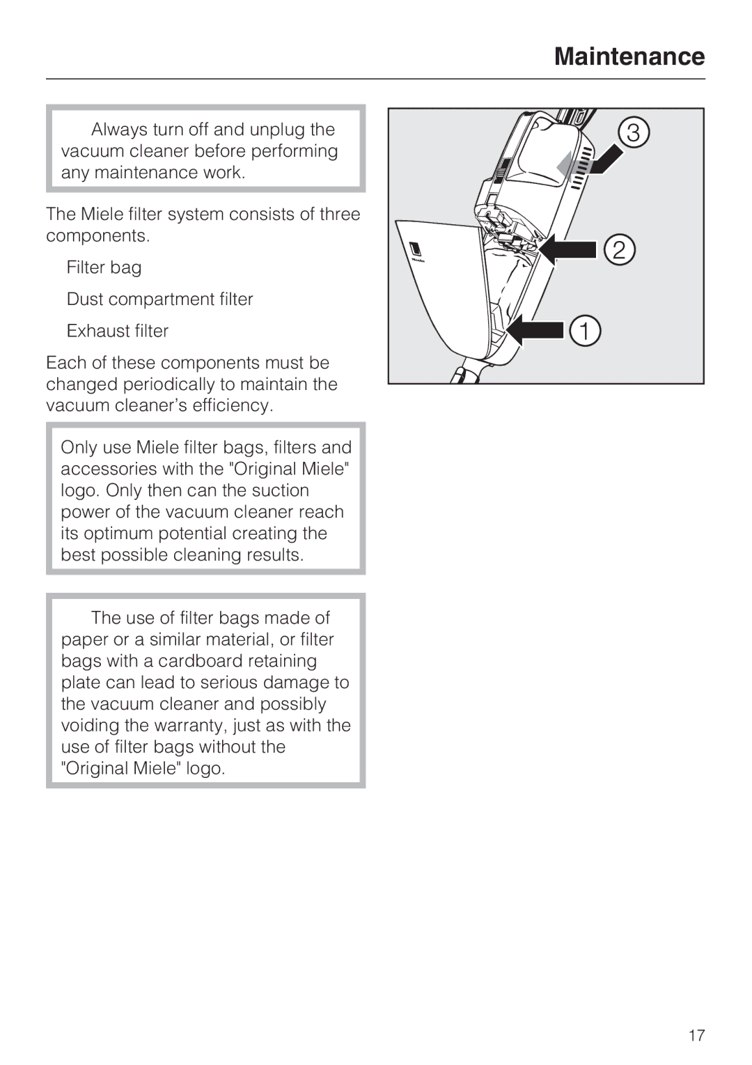 Miele S 190 manual Maintenance 