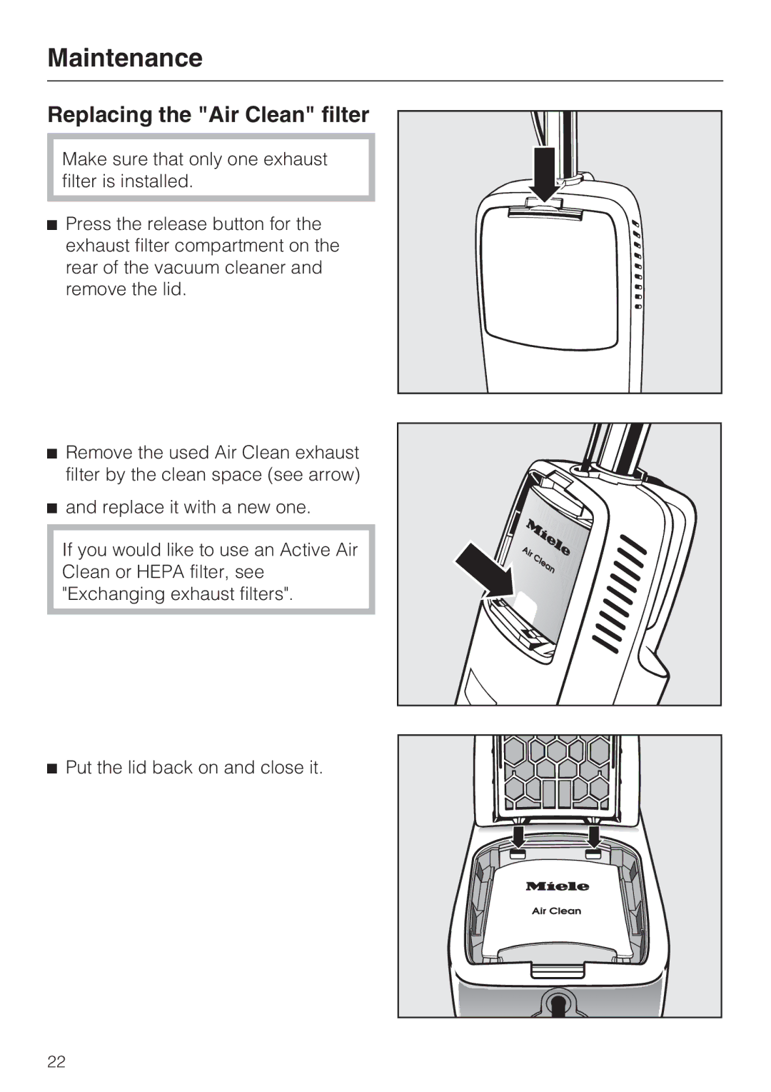 Miele S 190 manual Replacing the Air Clean filter 