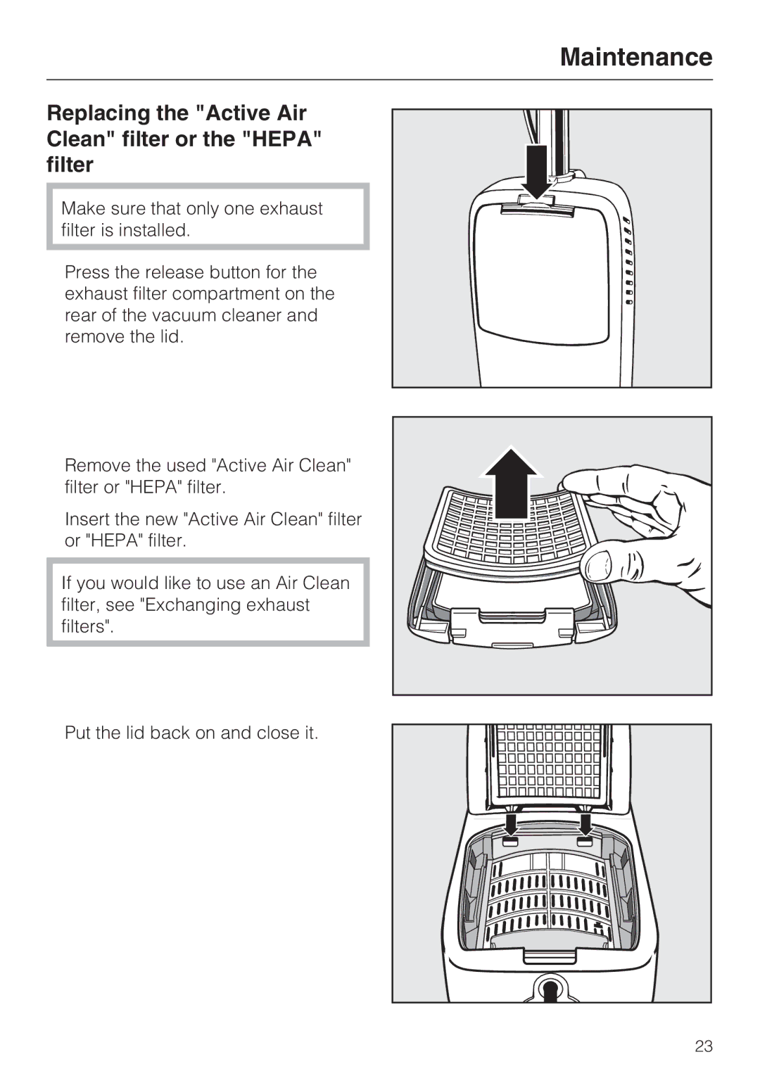 Miele S 190 manual Replacing the Active Air Clean filter or the Hepa filter 